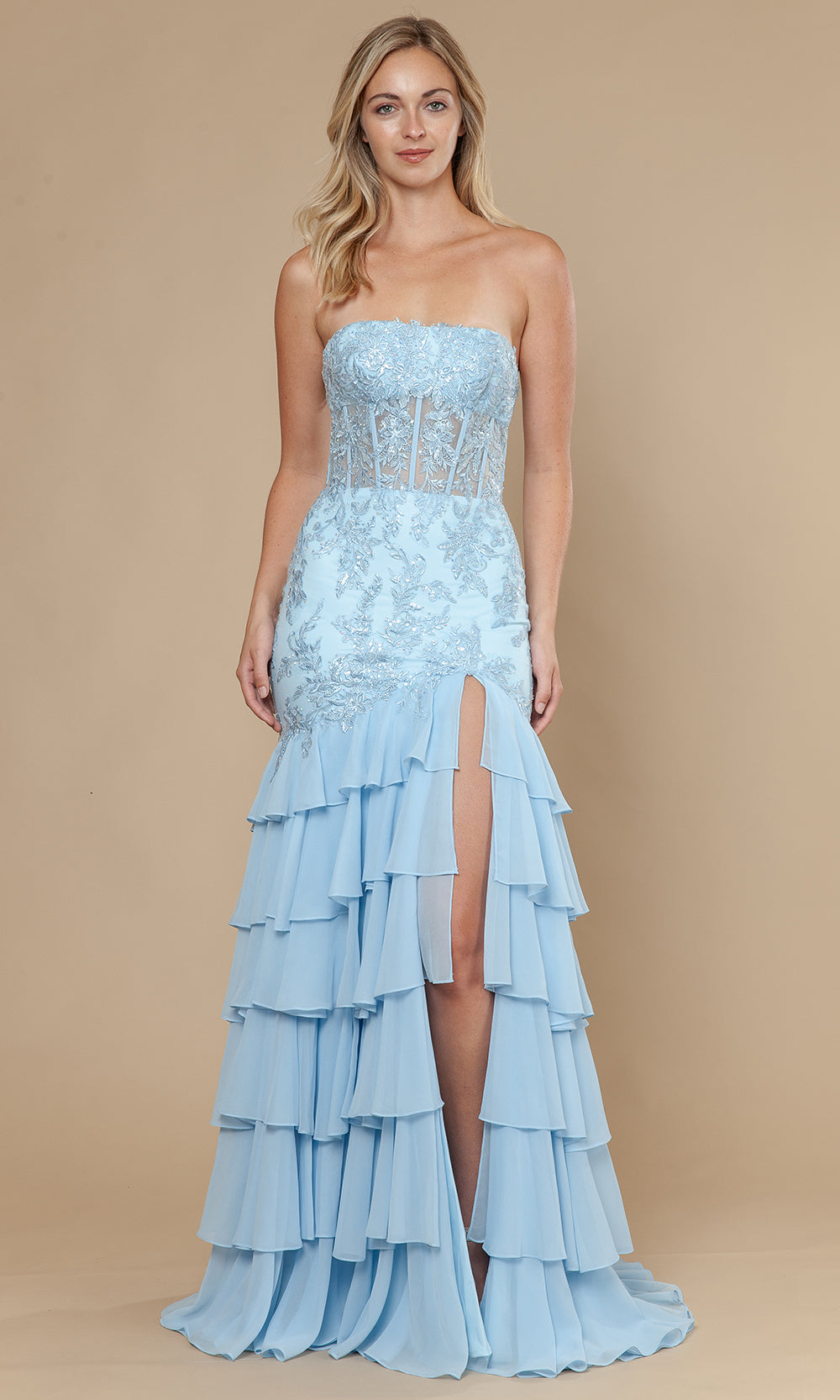 Blue Straight-Across Floor-Length Mesh Prom Gown with Embroidered Illusion Corset and Tiered Skirt Poly USA 25066