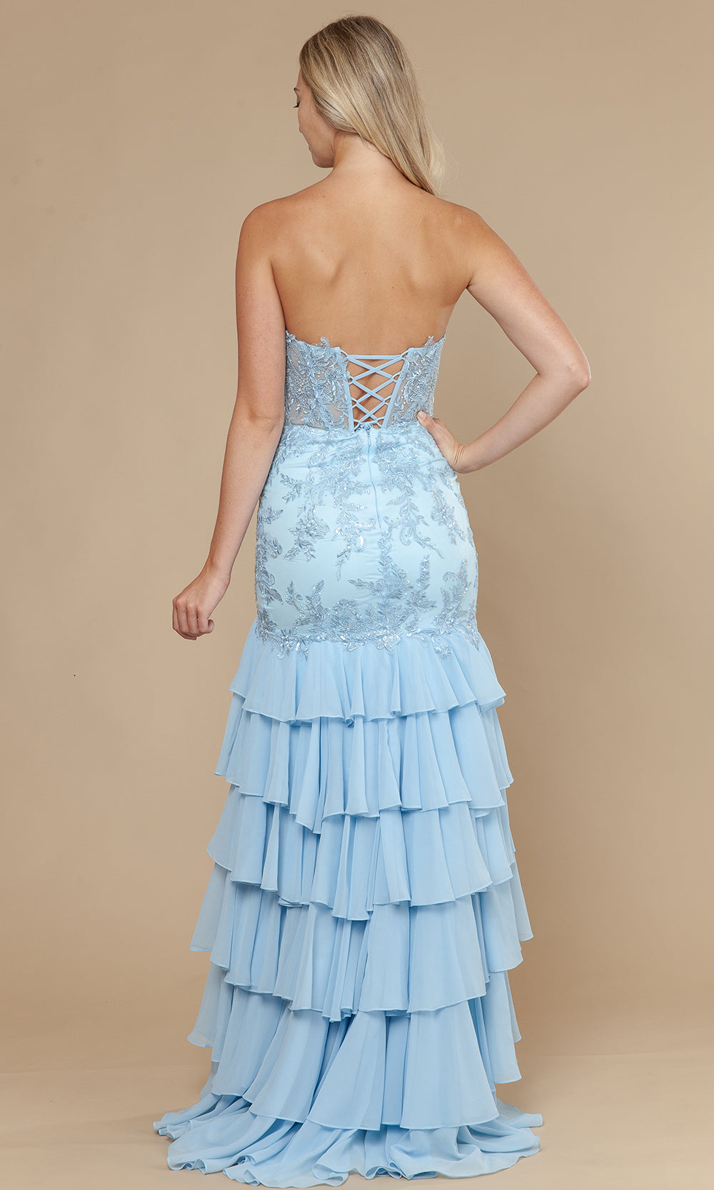 Blue Straight-Across Floor-Length Mesh Prom Gown with Embroidered Illusion Corset and Tiered Skirt Poly USA 25066