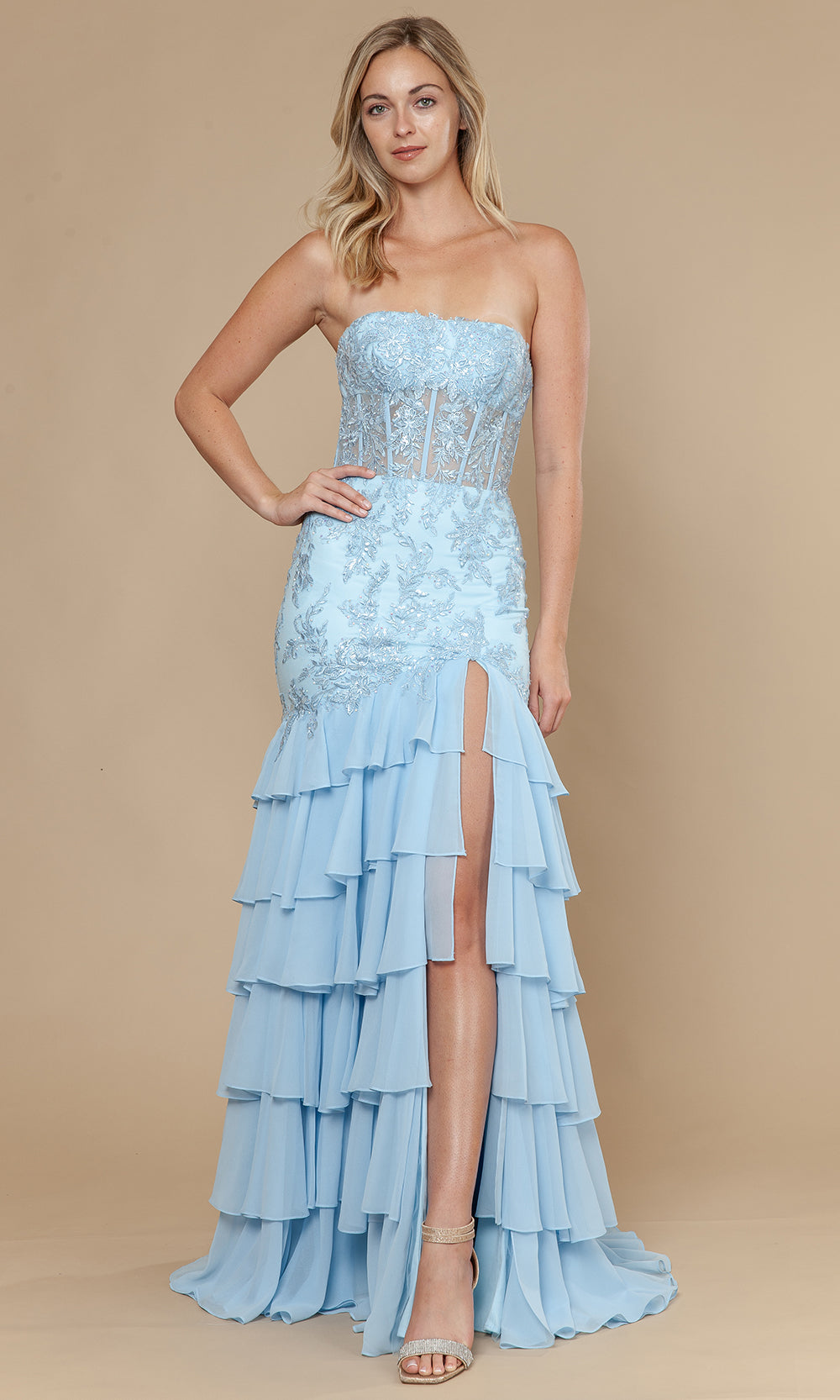 Blue Straight-Across Floor-Length Mesh Prom Gown with Embroidered Illusion Corset and Tiered Skirt Poly USA 25066