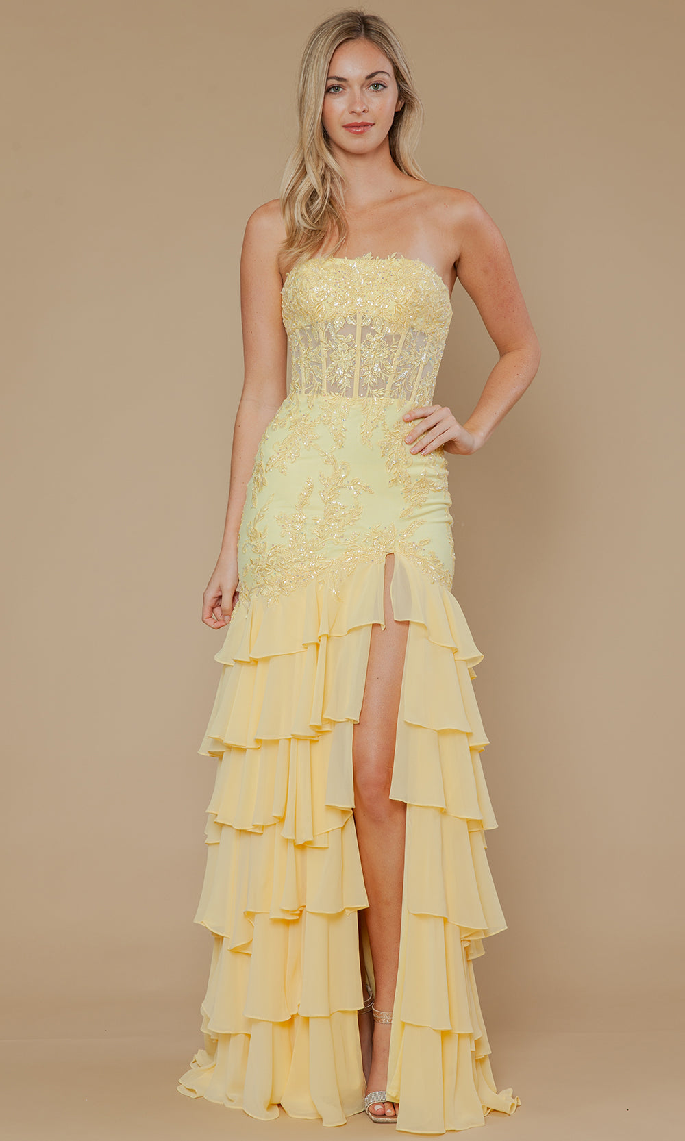 Yellow Straight-Across Floor-Length Mesh Prom Gown with Embroidered Illusion Corset and Tiered Skirt Poly USA 25066