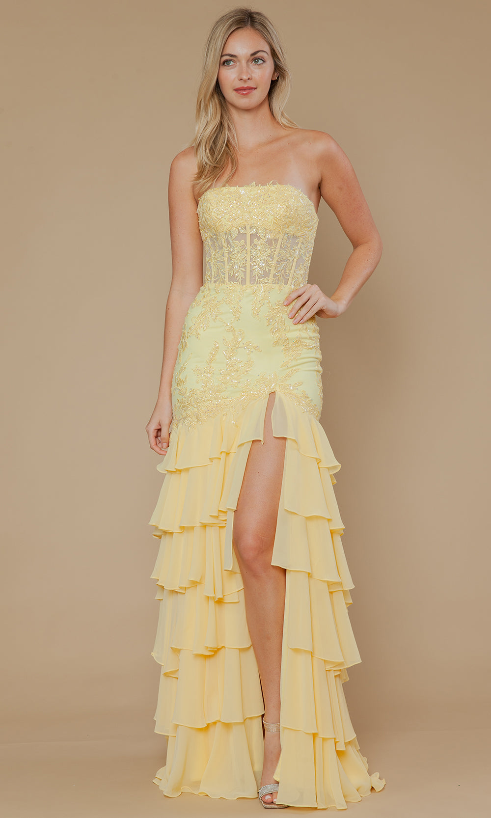 Yellow Straight-Across Floor-Length Mesh Prom Gown with Embroidered Illusion Corset and Tiered Skirt Poly USA 25066