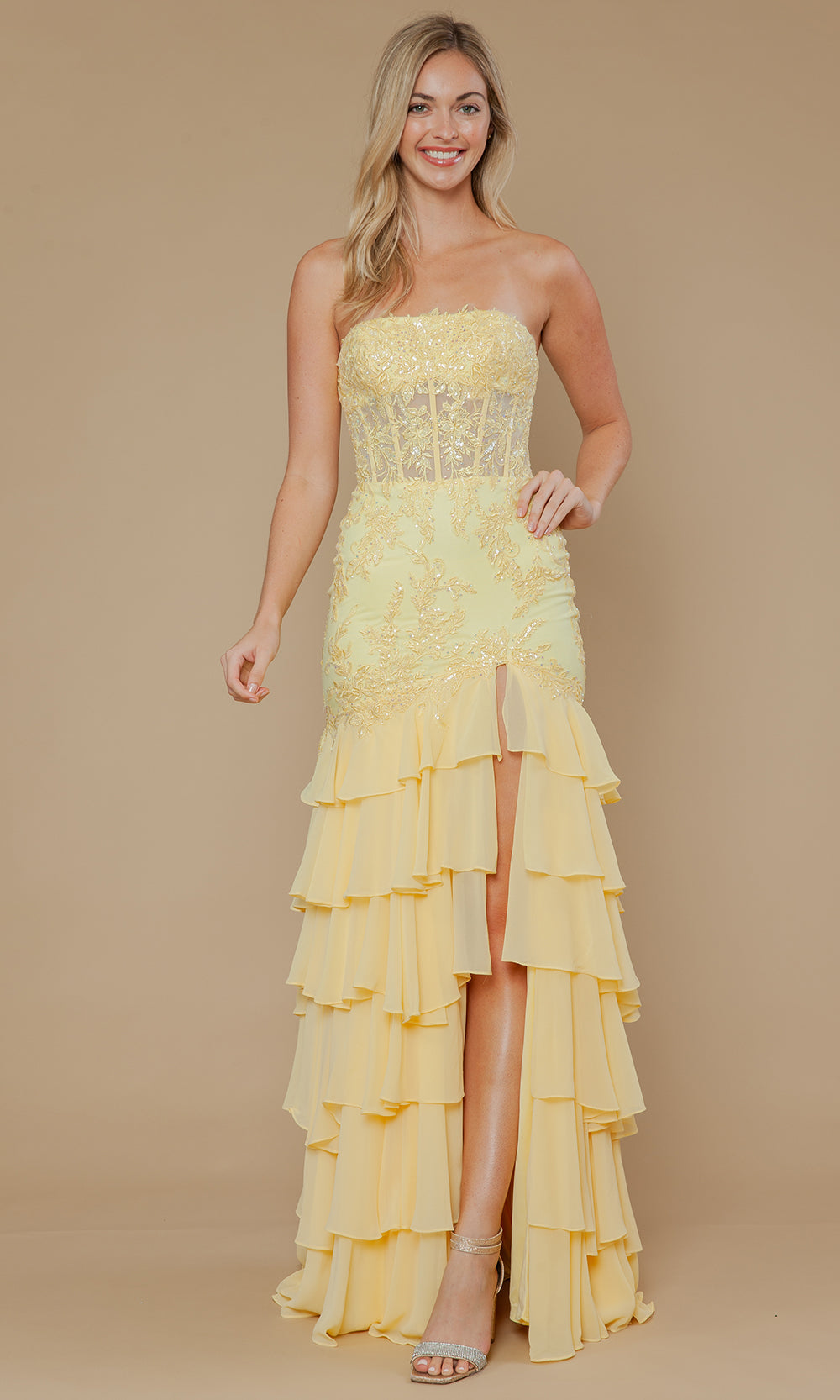 Yellow Straight-Across Floor-Length Mesh Prom Gown with Embroidered Illusion Corset and Tiered Skirt Poly USA 25066