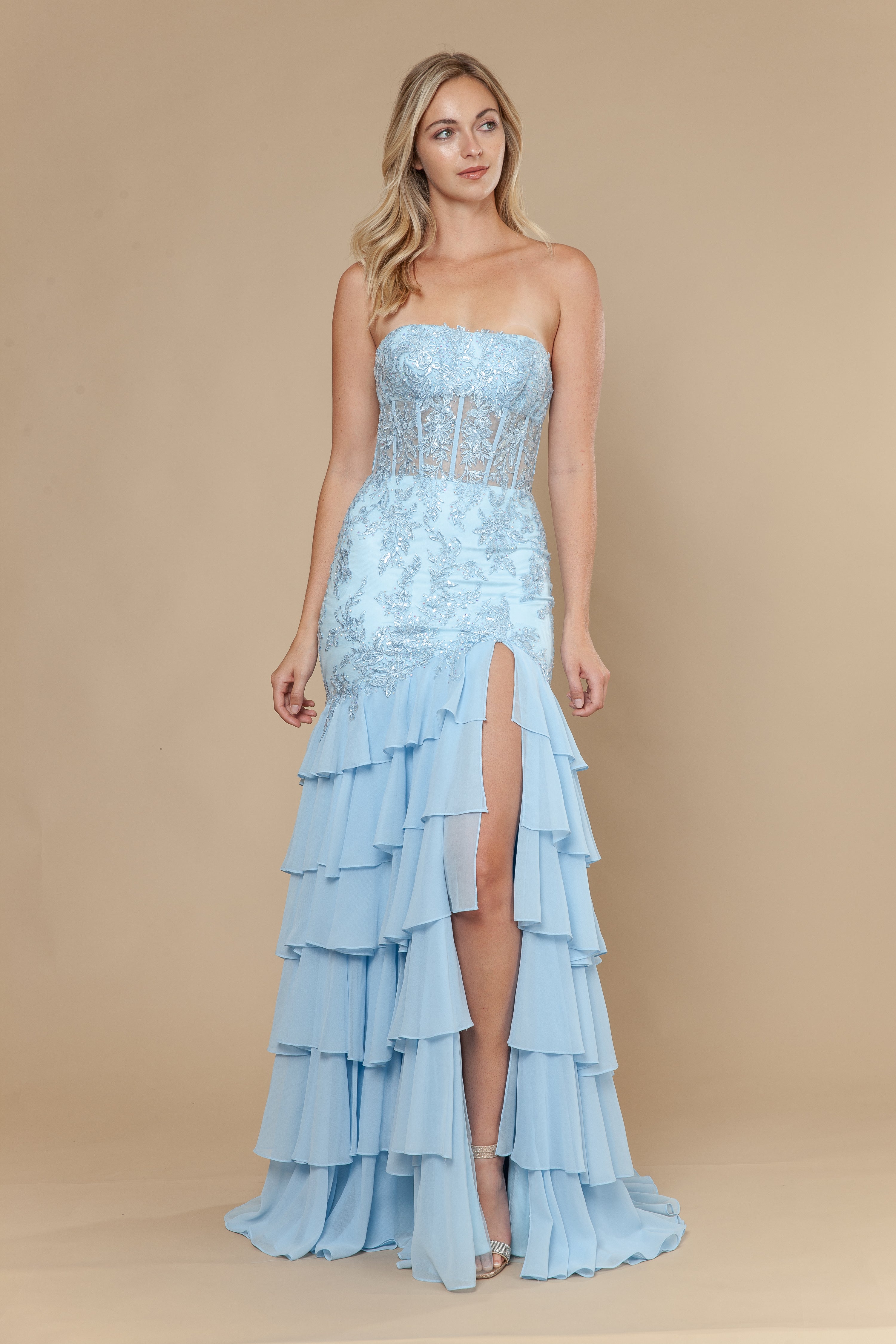 Blue Straight-Across Floor-Length Mesh Prom Gown with Embroidered Illusion Corset and Tiered Skirt Poly USA 25066