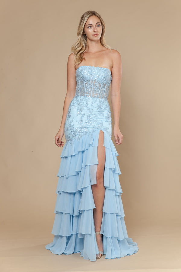 Straight-Across Floor-Length Mesh Prom Gown with Embroidered Illusion Corset and Tiered Skirt Poly USA 25066
