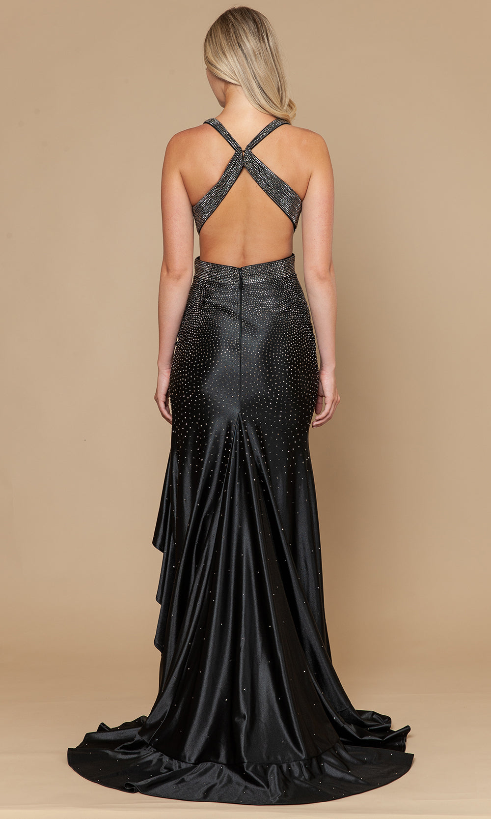 Black V-Neck Floor-Length Jersey Prom Dress with Ruffle Slit and Cutouts Poly USA 25070