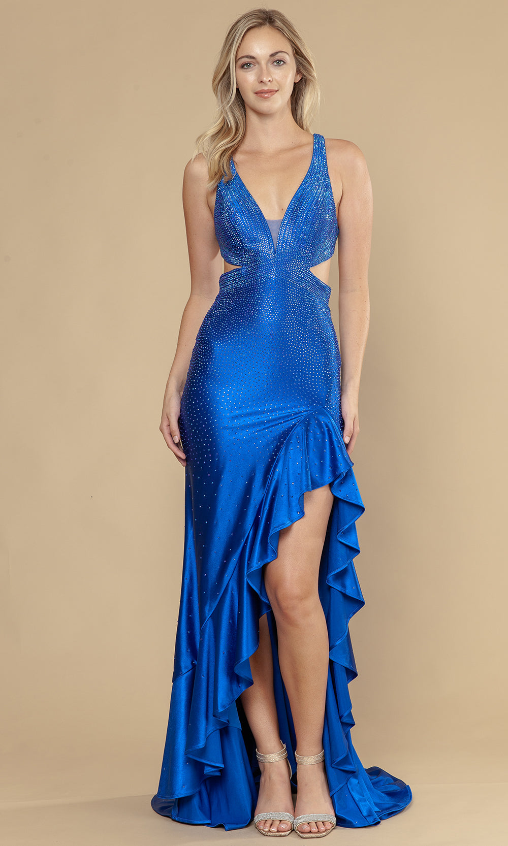 Royal V-Neck Floor-Length Jersey Prom Dress with Ruffle Slit and Cutouts Poly USA 25070