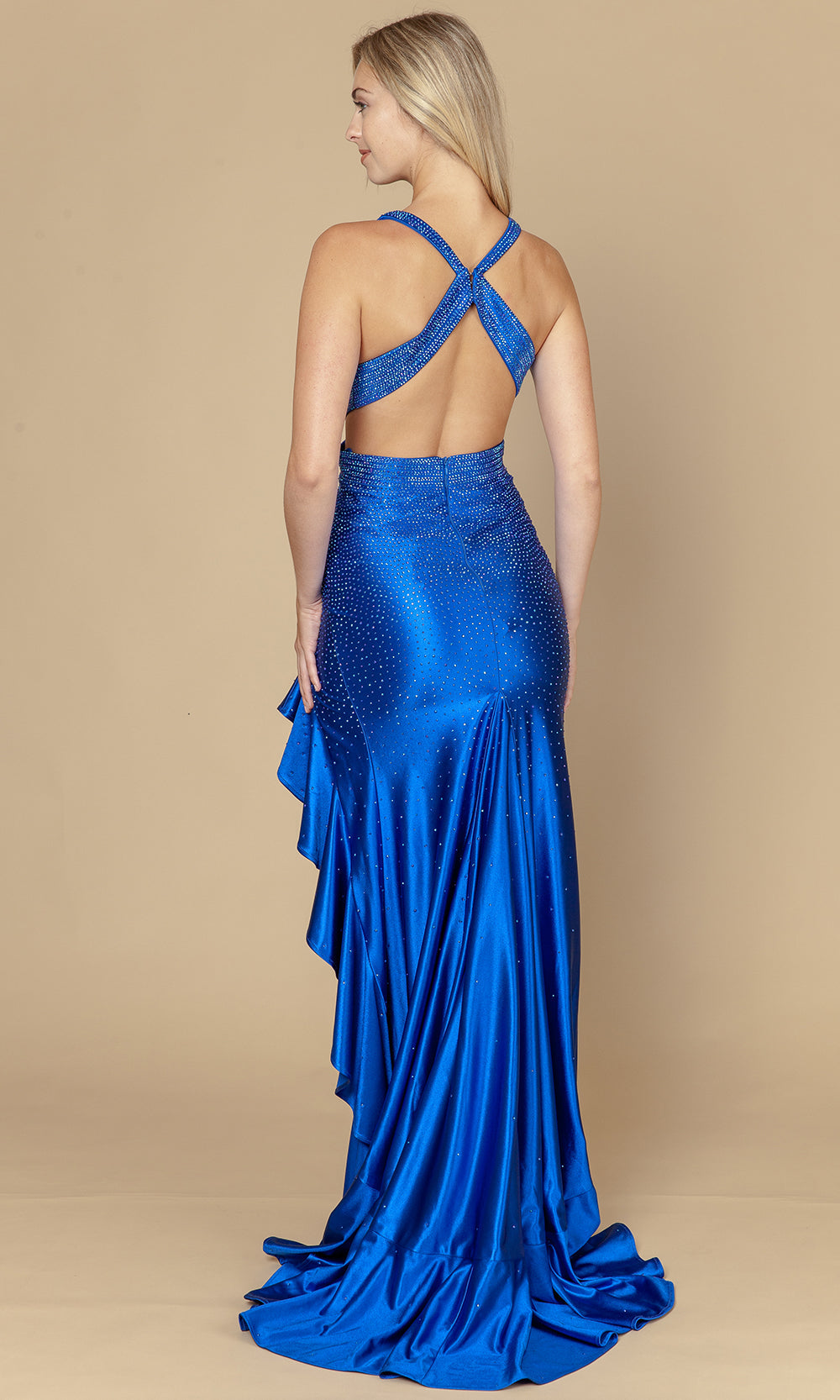Royal V-Neck Floor-Length Jersey Prom Dress with Ruffle Slit and Cutouts Poly USA 25070