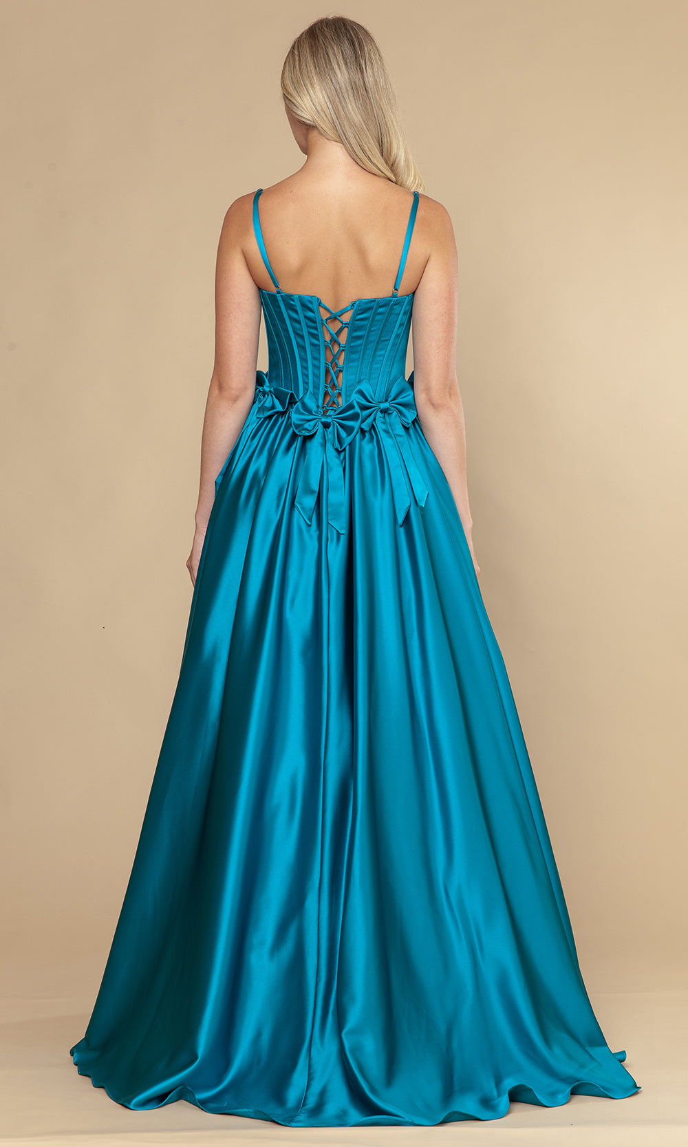 Teal Square Neckline Floor-Length Satin Prom Gown with Bow Accents and Full Gathered Skirt Poly USA 25116
