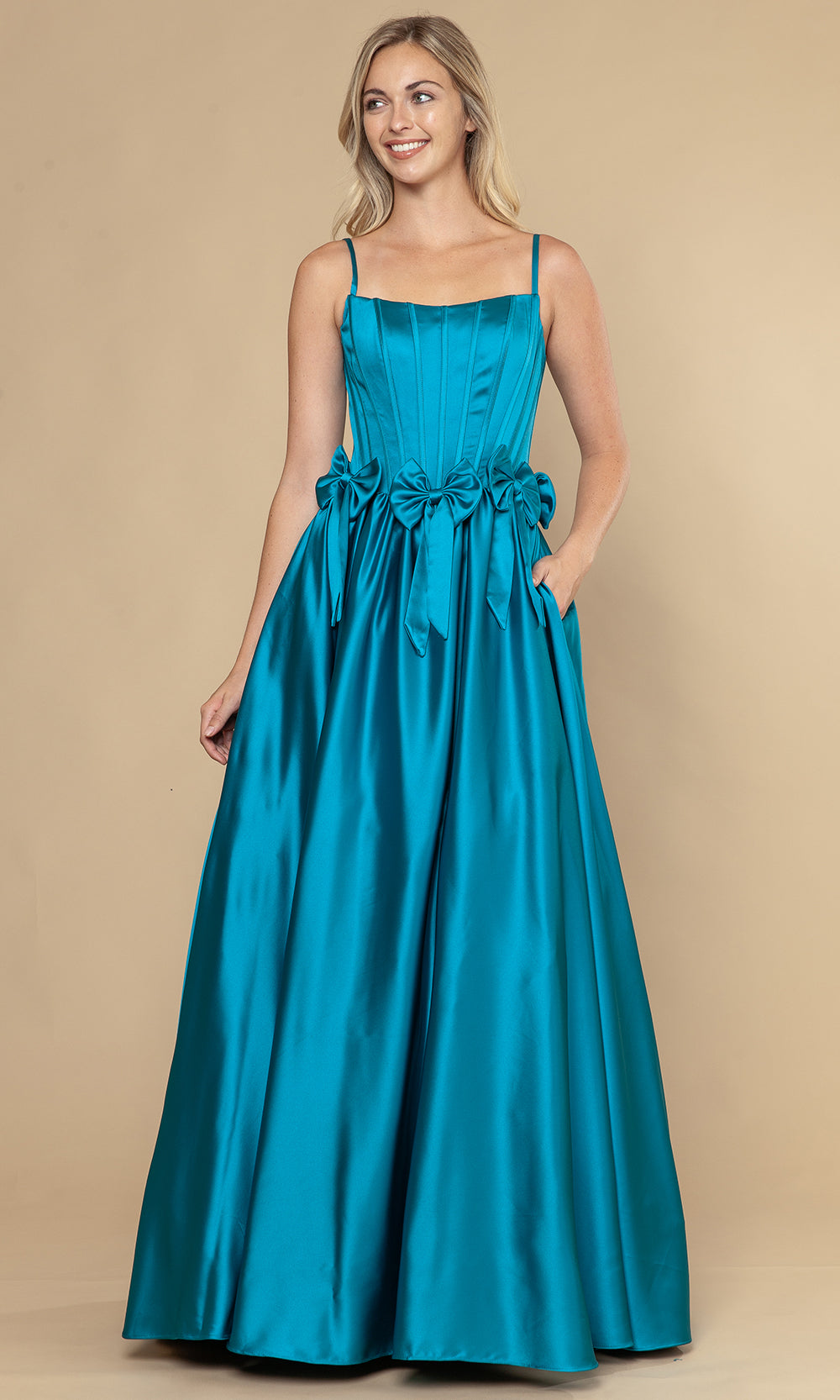 Teal Square Neckline Floor-Length Satin Prom Gown with Bow Accents and Full Gathered Skirt Poly USA 25116