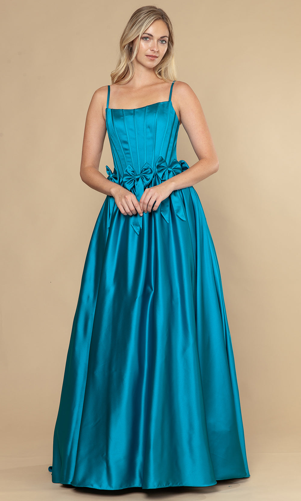 Teal Square Neckline Floor-Length Satin Prom Gown with Bow Accents and Full Gathered Skirt Poly USA 25116