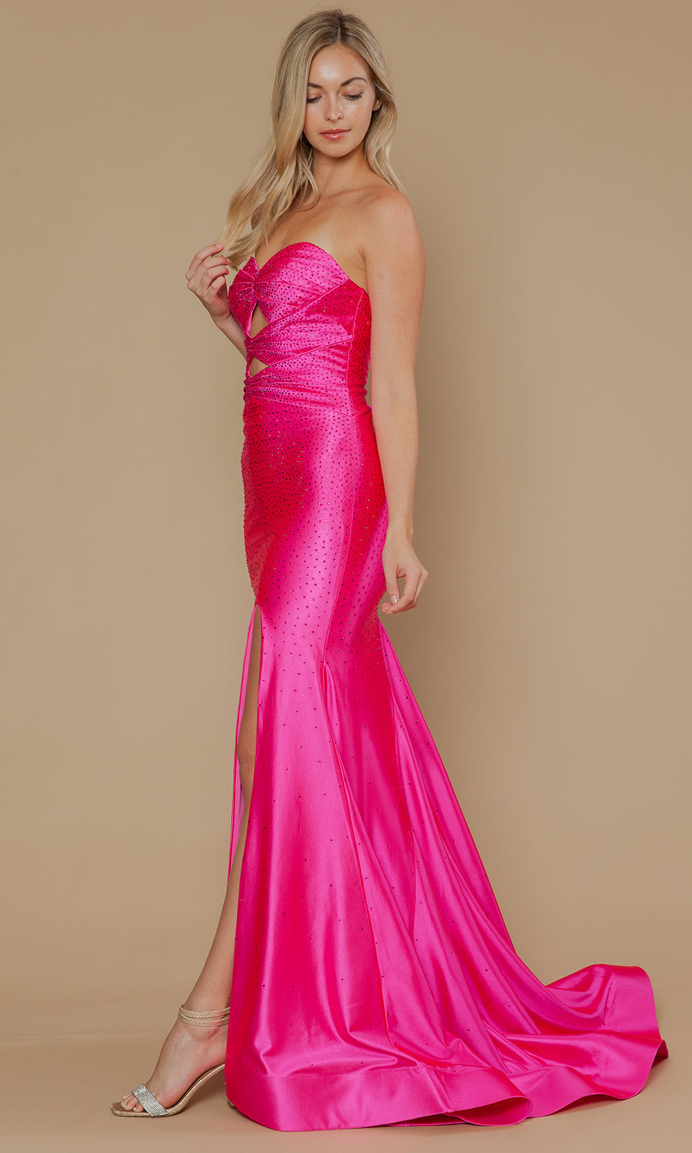 Hot Pink Sweetheart Floor-Length Span Satin Prom Gown Cutouts Poly USA 25118