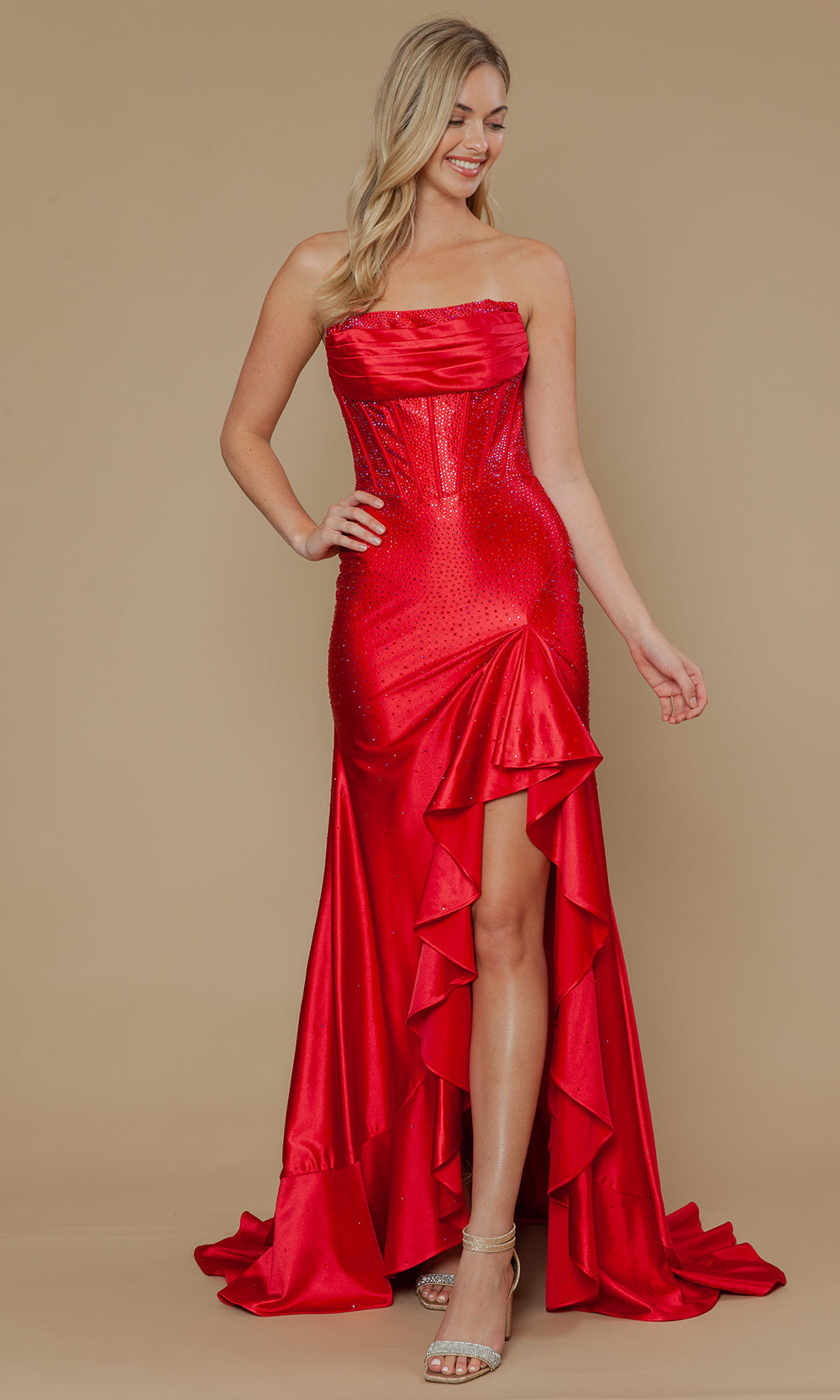 Red Straight-Across High-Low Span Satin Prom Sheath Gown with Exposed Boning Poly USA 25120