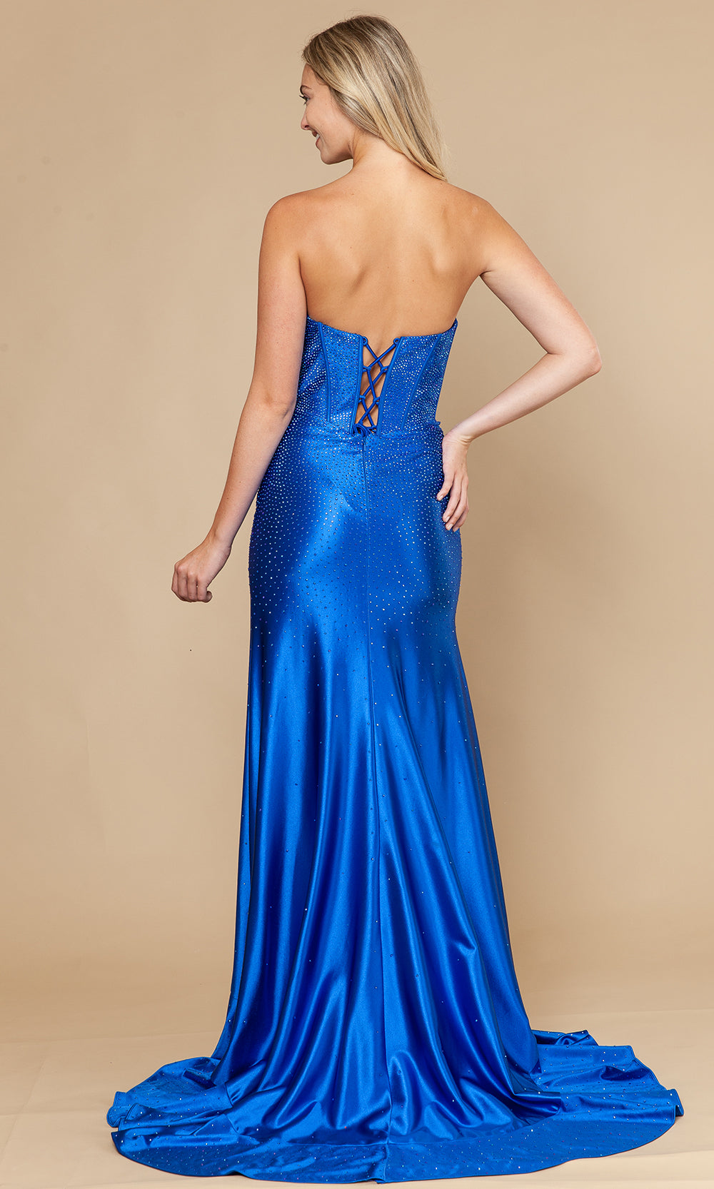 Royal Straight-Across High-Low Span Satin Prom Sheath Gown with Exposed Boning Poly USA 25120