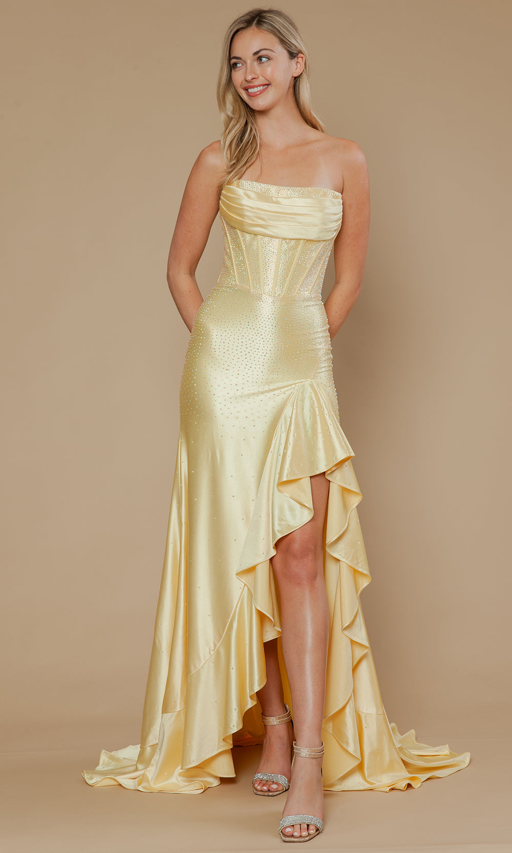 Yellow Straight-Across High-Low Span Satin Prom Sheath Gown with Exposed Boning Poly USA 25120