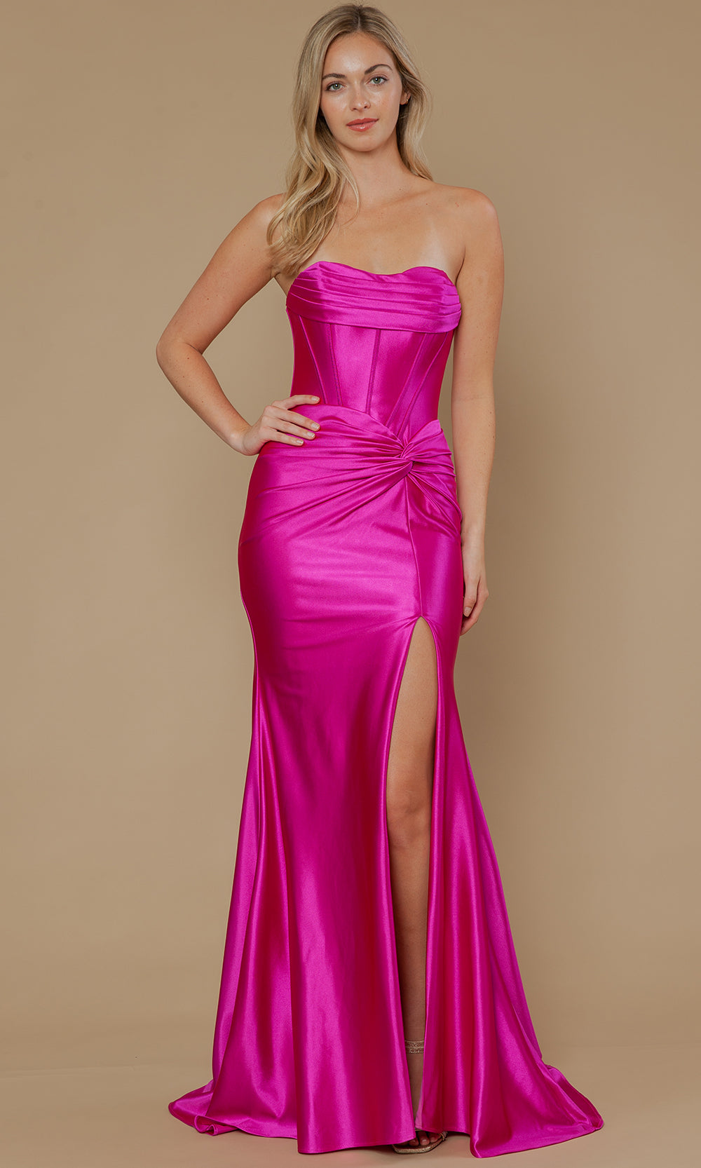 Magenta Sweetheart Floor-Length Poly Span Satin Formal Gown with Corset Bodice Poly USA 25124