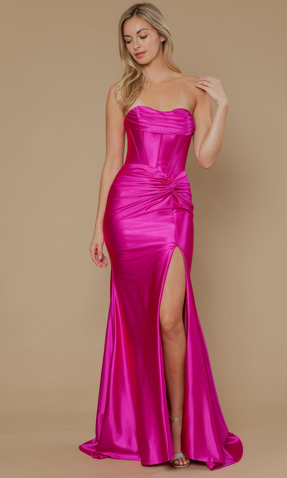 Magenta Sweetheart Floor-Length Poly Span Satin Formal Gown with Corset Bodice Poly USA 25124