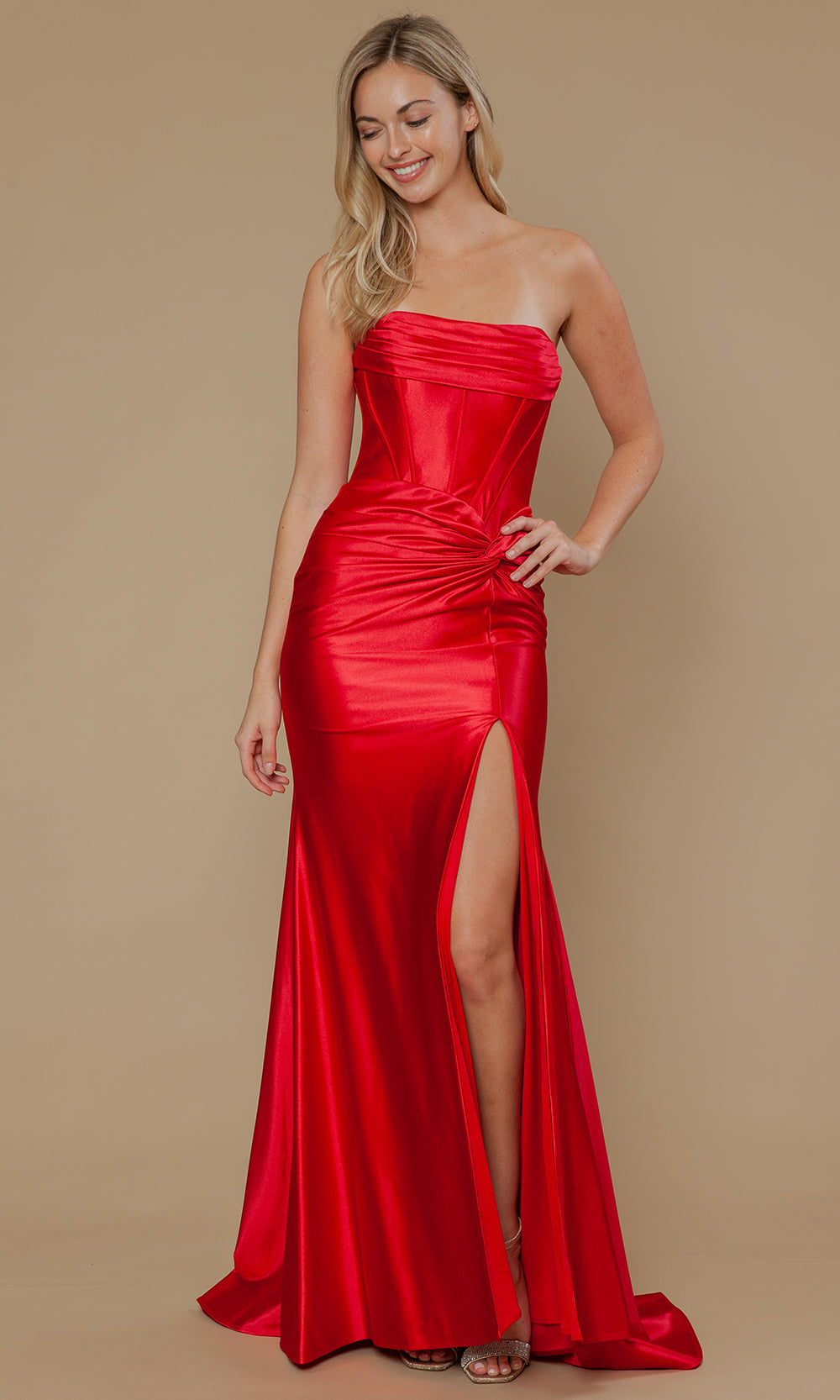 Red Sweetheart Floor-Length Poly Span Satin Formal Gown with Corset Bodice Poly USA 25124