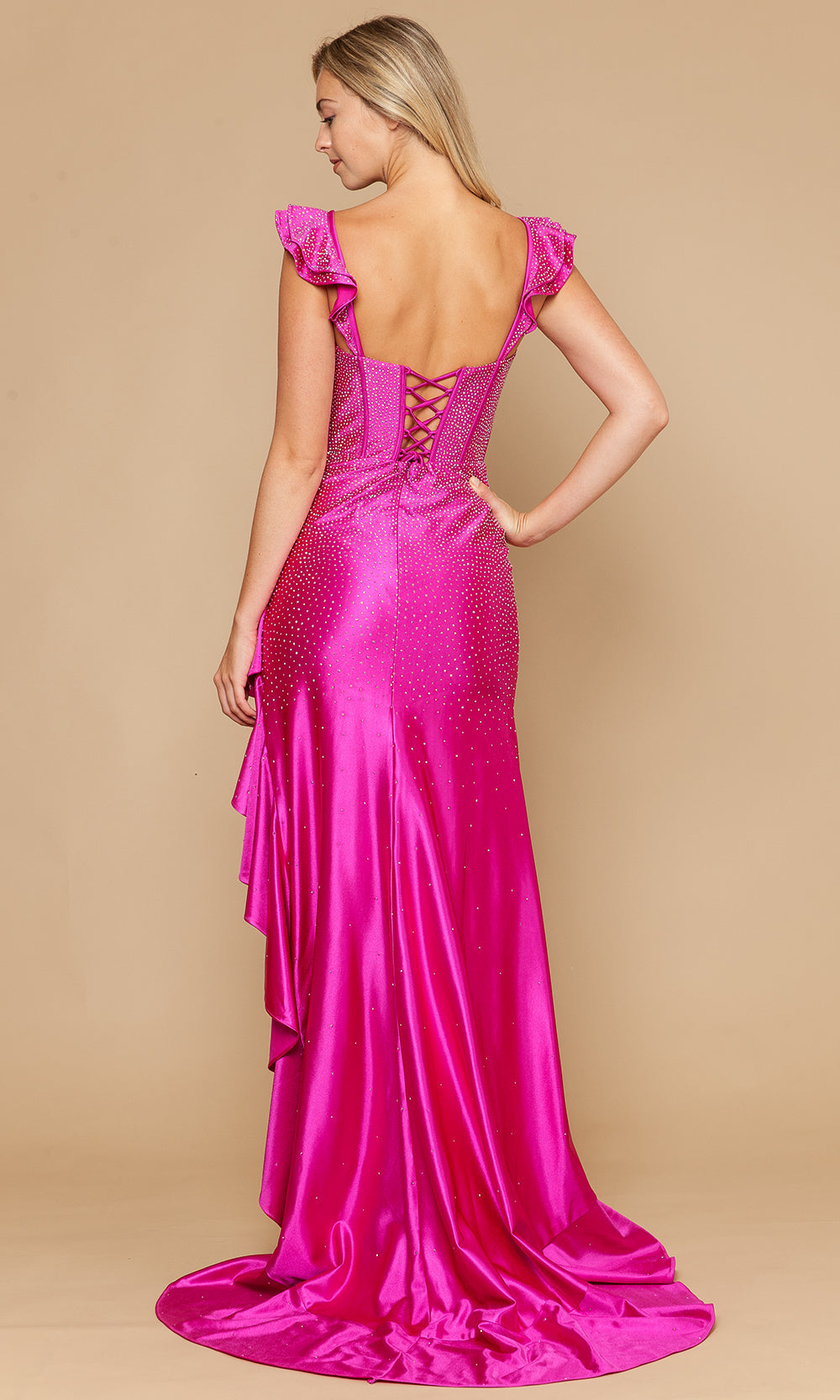 Magenta Sweetheart Floor-Length Jersey Prom Dress with Ruffle Straps and Slit Poly USA 25126