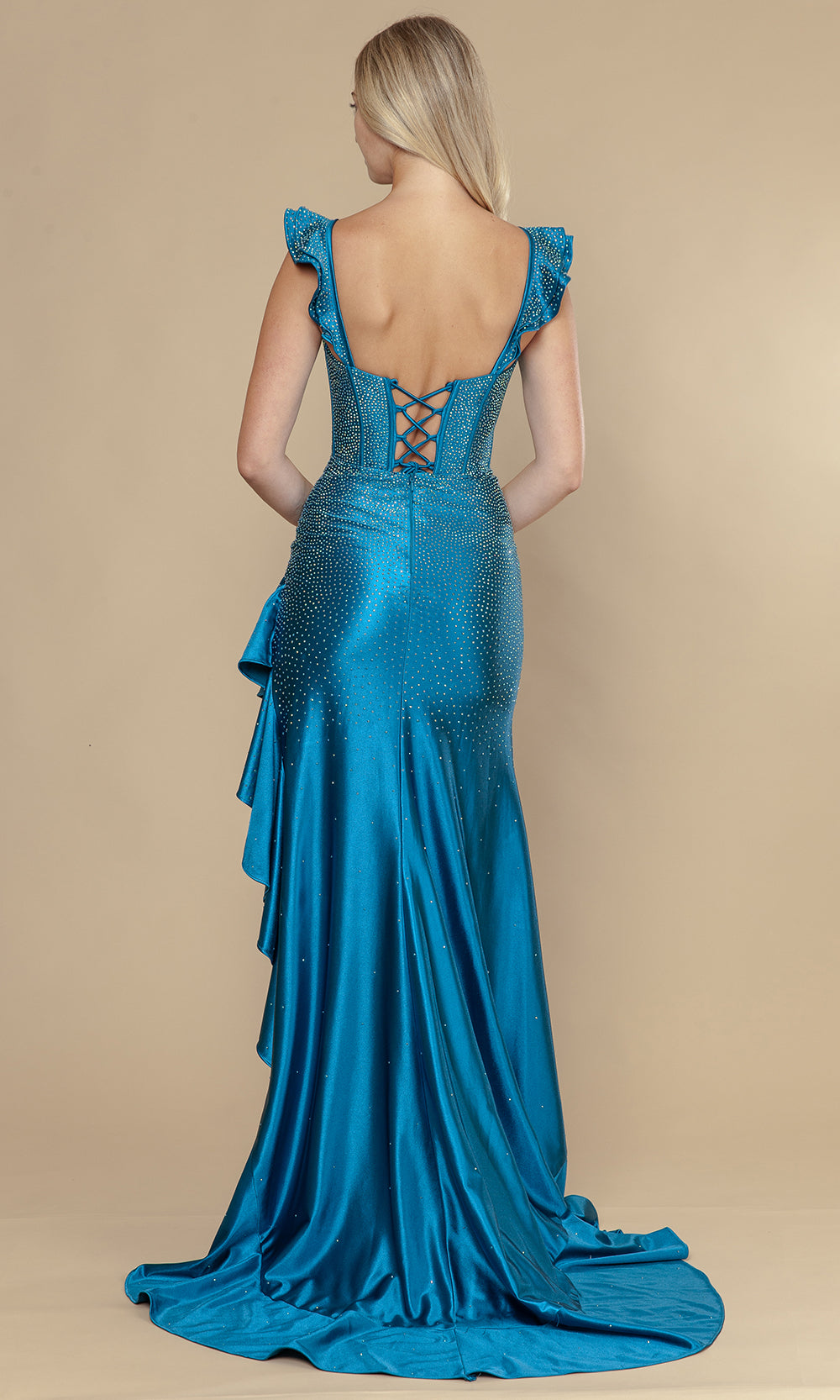 Teal Sweetheart Floor-Length Jersey Prom Dress with Ruffle Straps and Slit Poly USA 25126