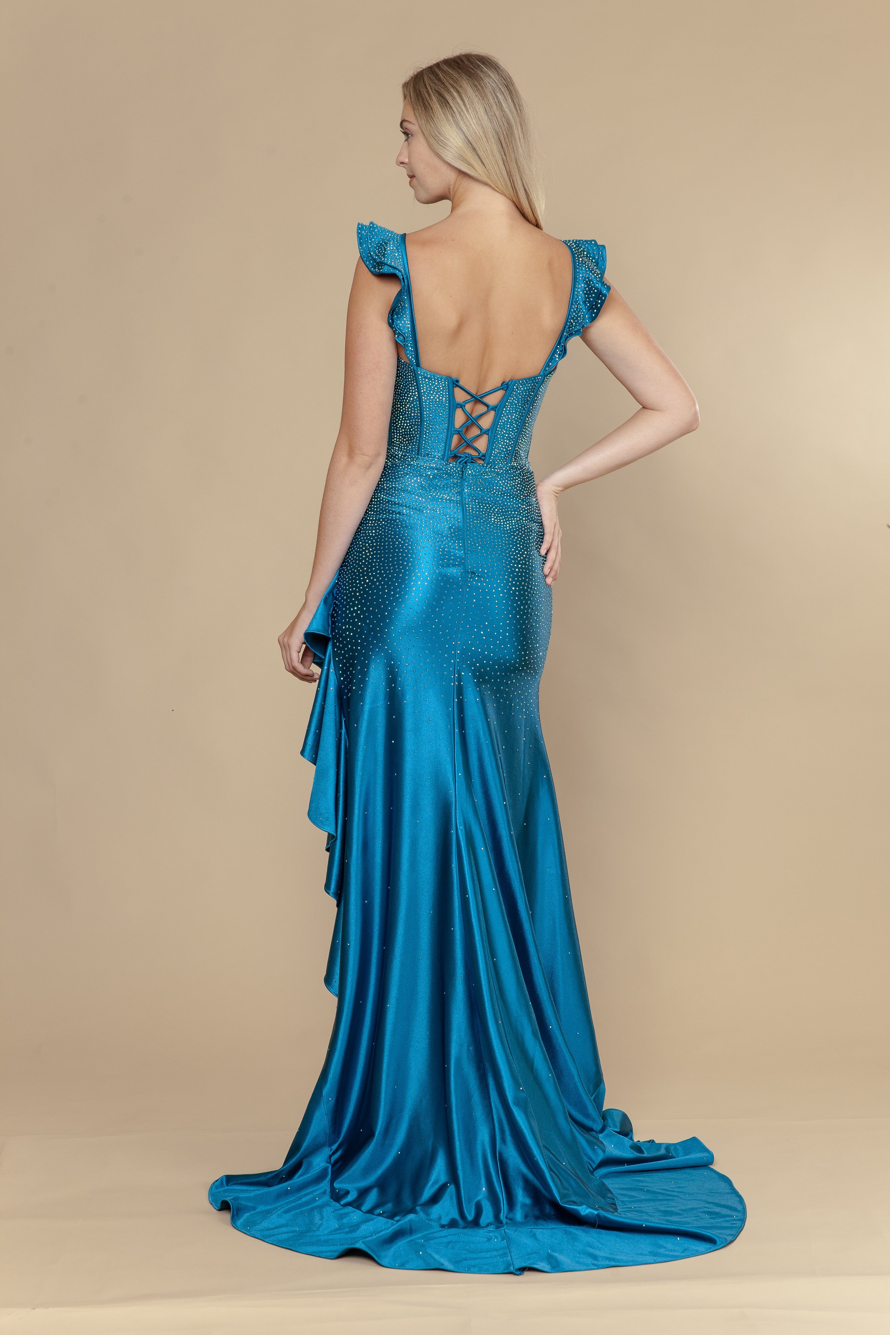 Teal Sweetheart Floor-Length Jersey Prom Dress with Ruffle Straps and Slit Poly USA 25126