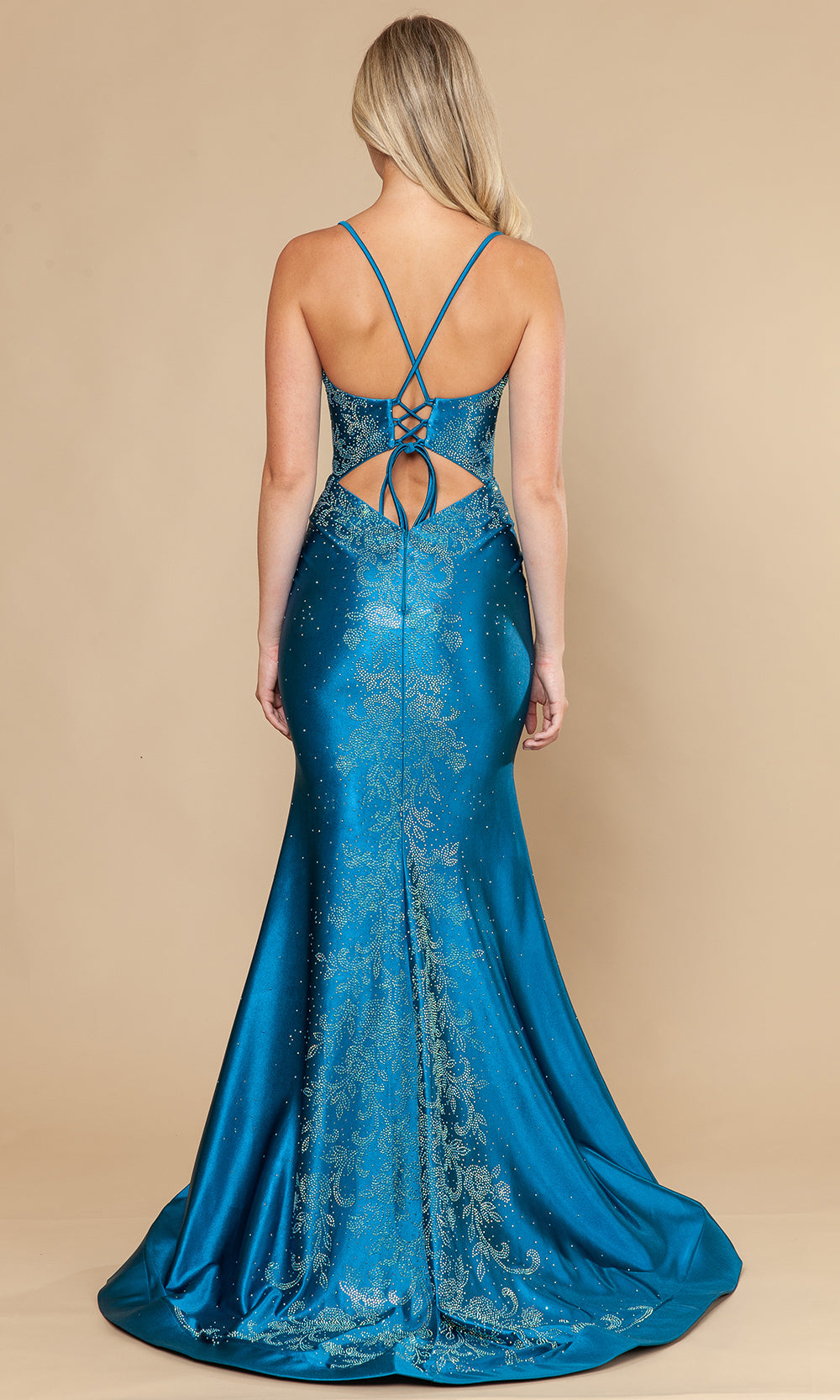 Teal Plunging V-Neck Floor-Length Poly Span Satin Prom Gown with Rhinestone Embroidery Poly USA 25128
