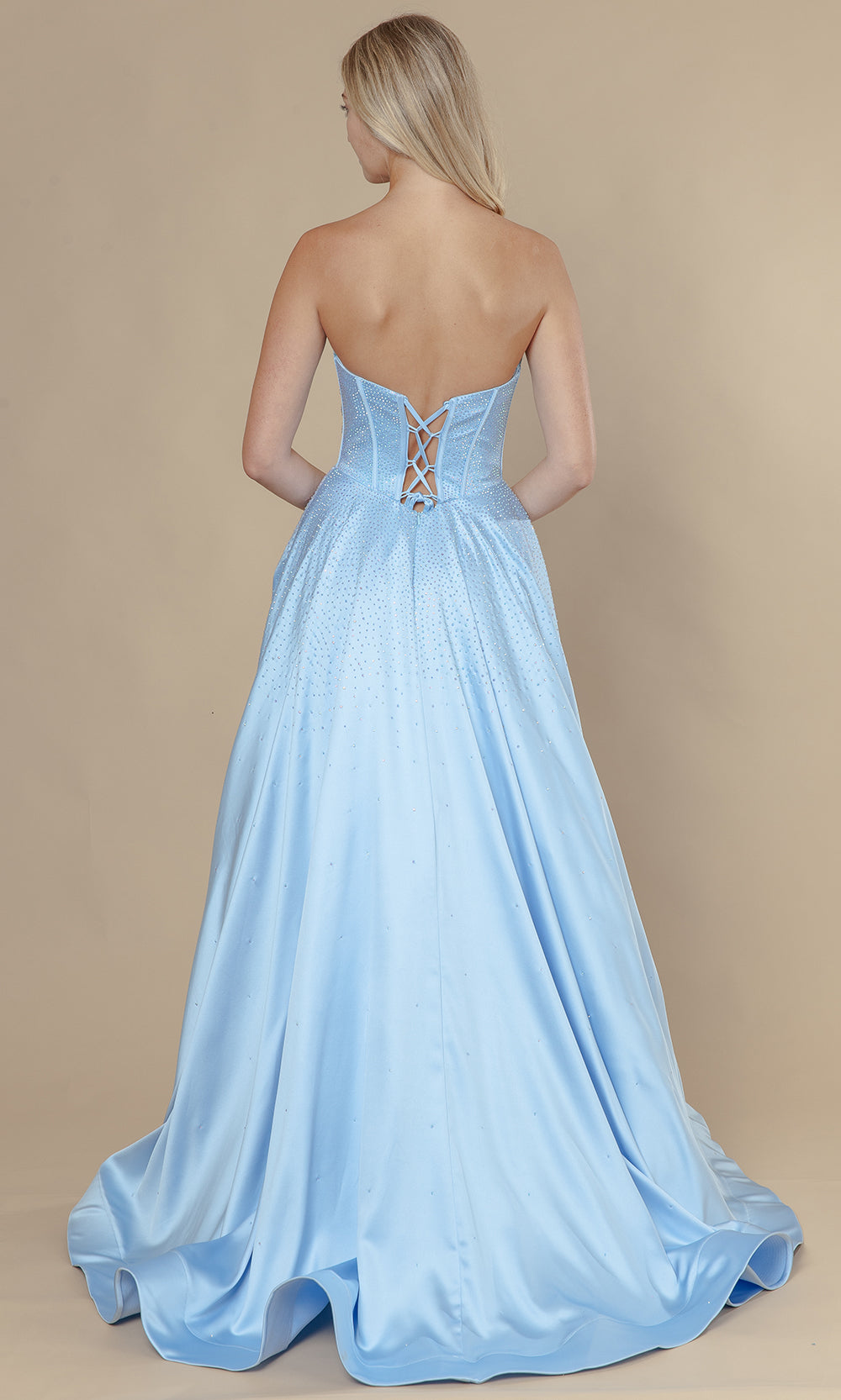 Blue Straight Across Floor-Length Span Satin Prom Dress Rhinestone Embellishments Poly USA 25132