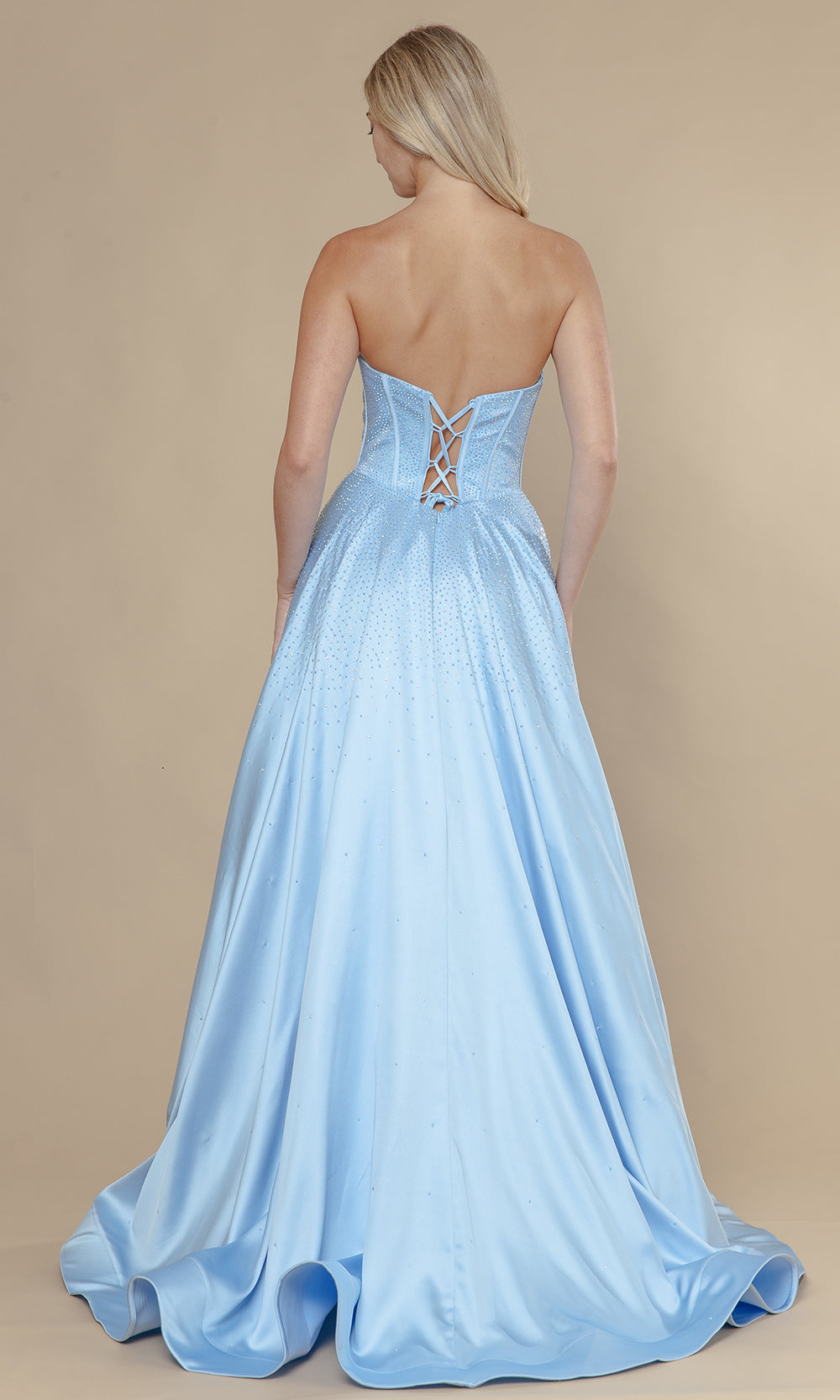 Blue Straight Across Floor-Length Span Satin Prom Dress Rhinestone Embellishments Poly USA 25132