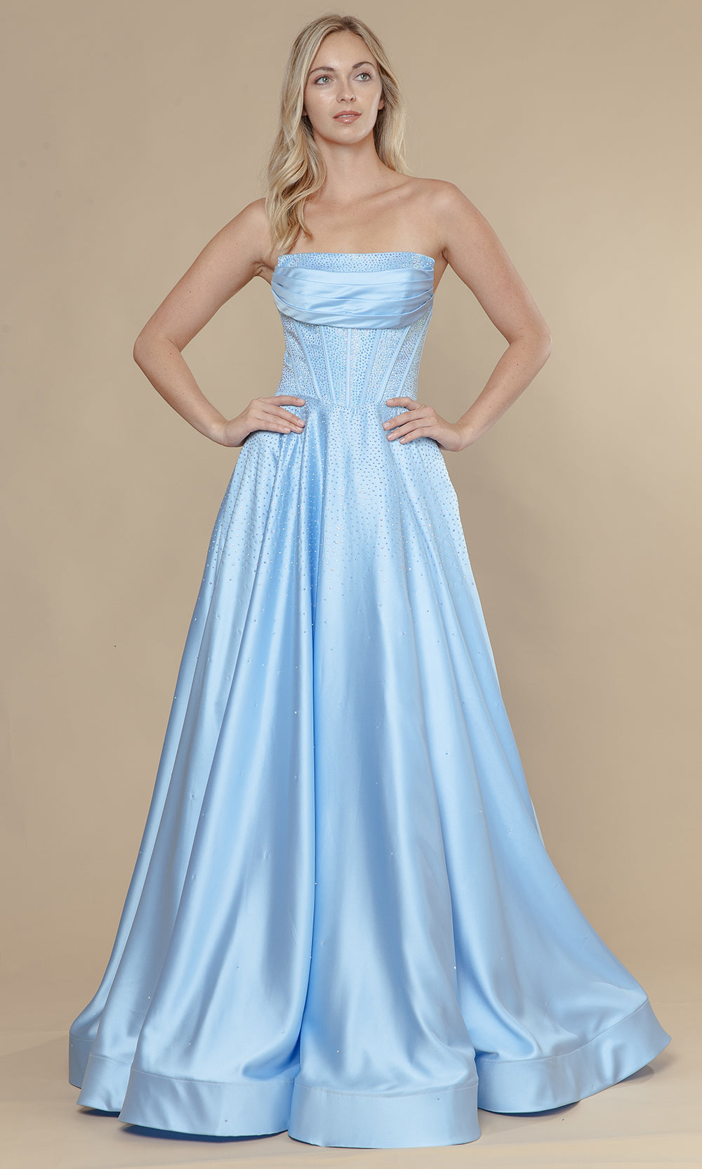 Blue Straight Across Floor-Length Span Satin Prom Dress Rhinestone Embellishments Poly USA 25132