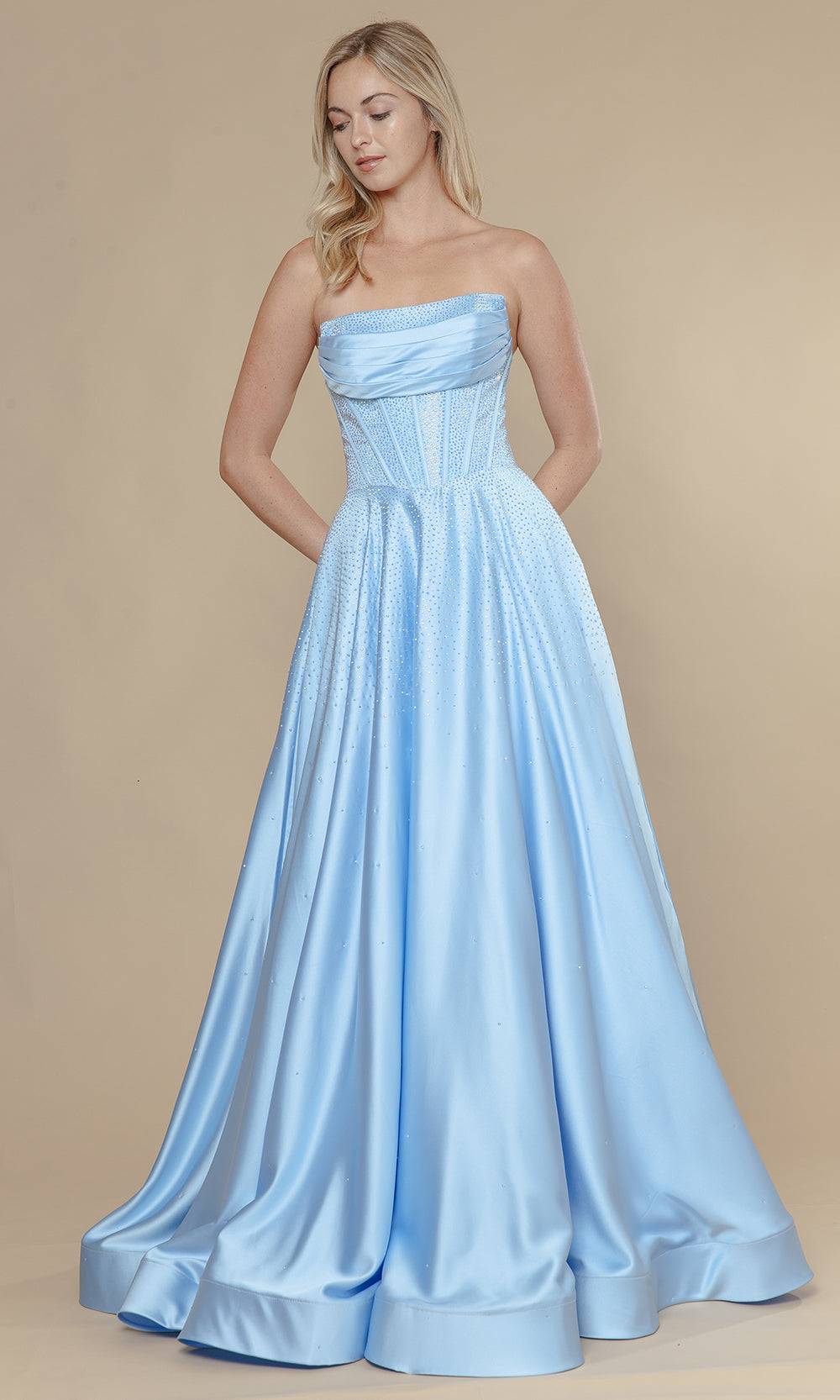 Blue Straight Across Floor-Length Span Satin Prom Dress Rhinestone Embellishments Poly USA 25132