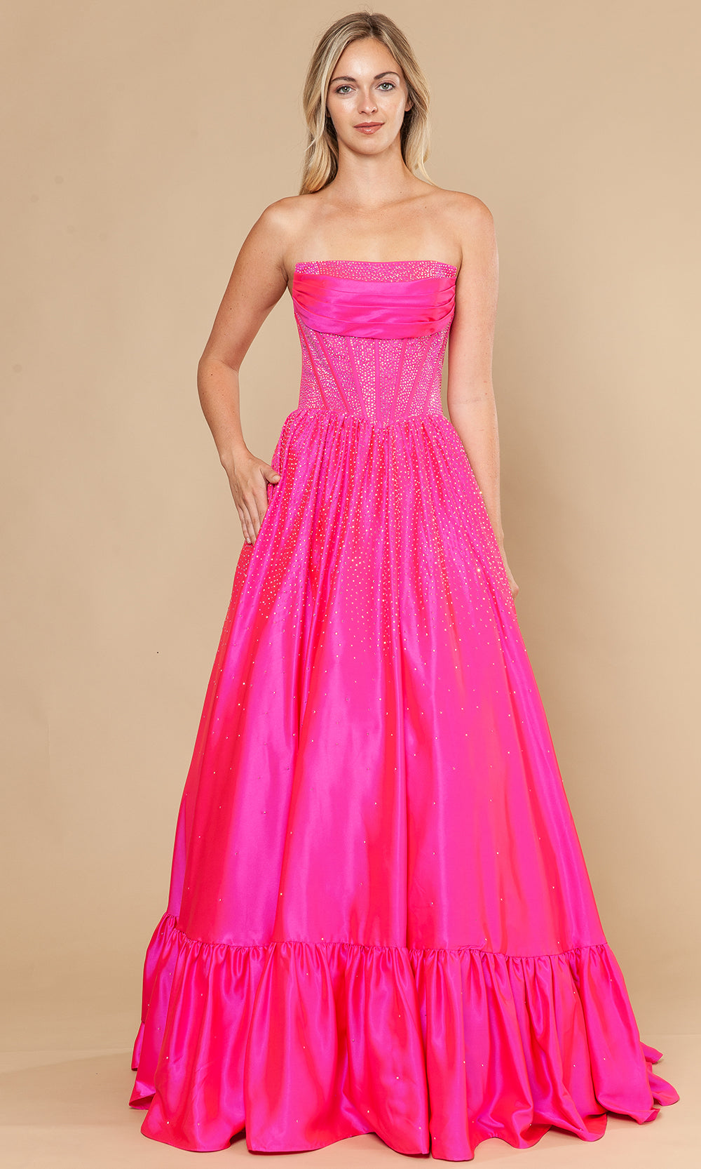 Hot Pink Straight-Across Floor-Length Rhinestone Accent Prom Gown with Illusion Corset Bodice Poly USA 25134