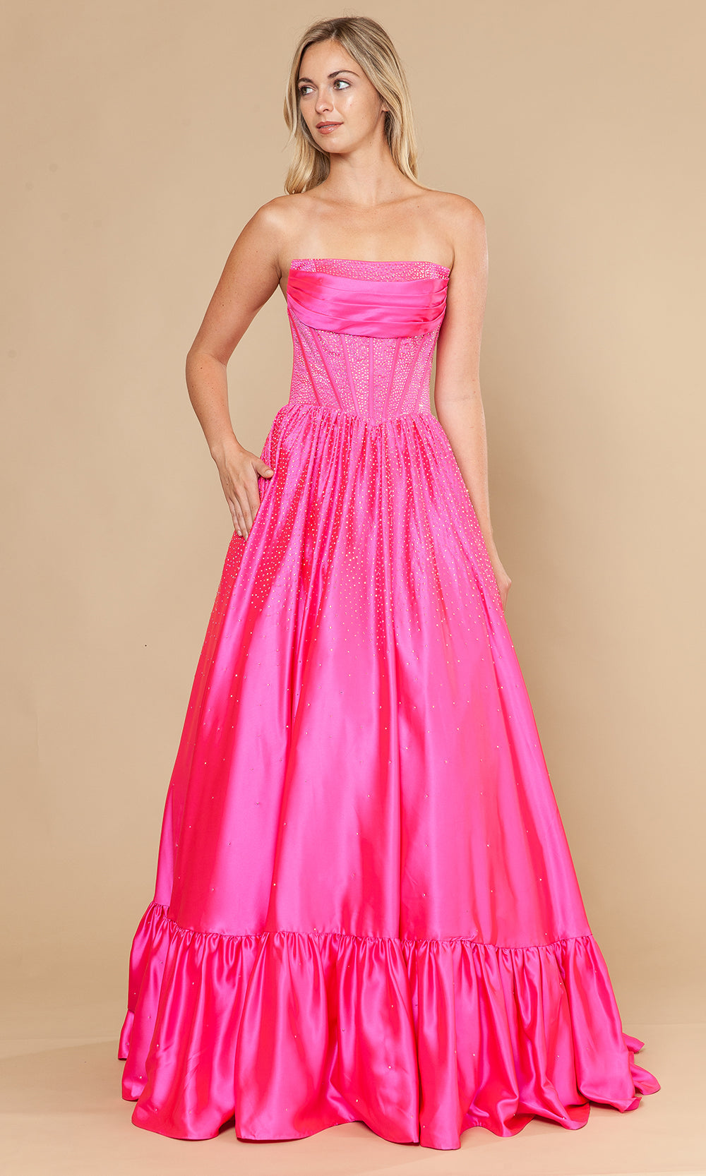 Hot Pink Straight-Across Floor-Length Rhinestone Accent Prom Gown with Illusion Corset Bodice Poly USA 25134