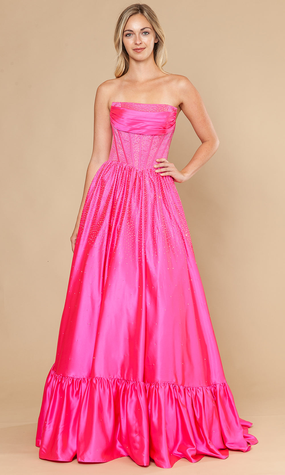 Hot Pink Straight-Across Floor-Length Rhinestone Accent Prom Gown with Illusion Corset Bodice Poly USA 25134