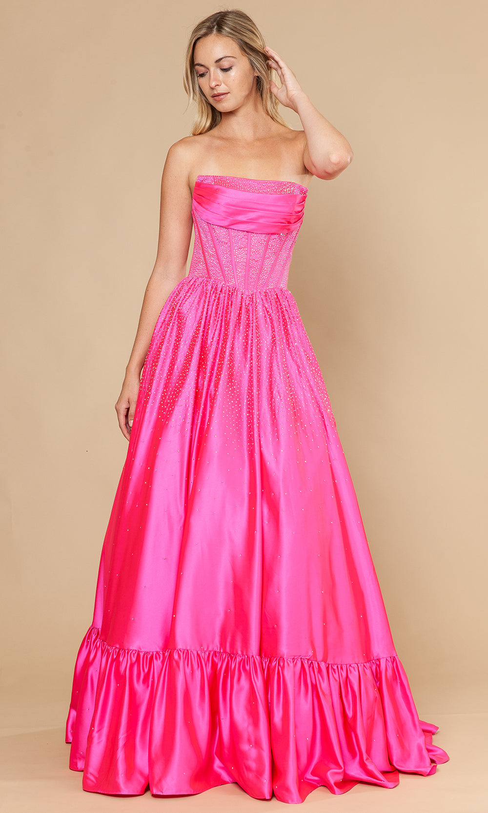 Hot Pink Straight-Across Floor-Length Rhinestone Accent Prom Gown with Illusion Corset Bodice Poly USA 25134