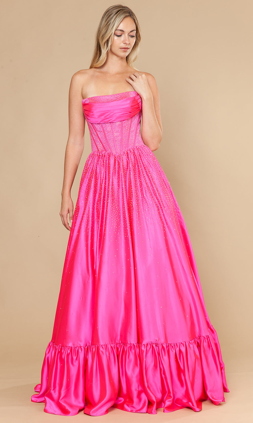 Hot Pink Straight-Across Floor-Length Rhinestone Accent Prom Gown with Illusion Corset Bodice Poly USA 25134
