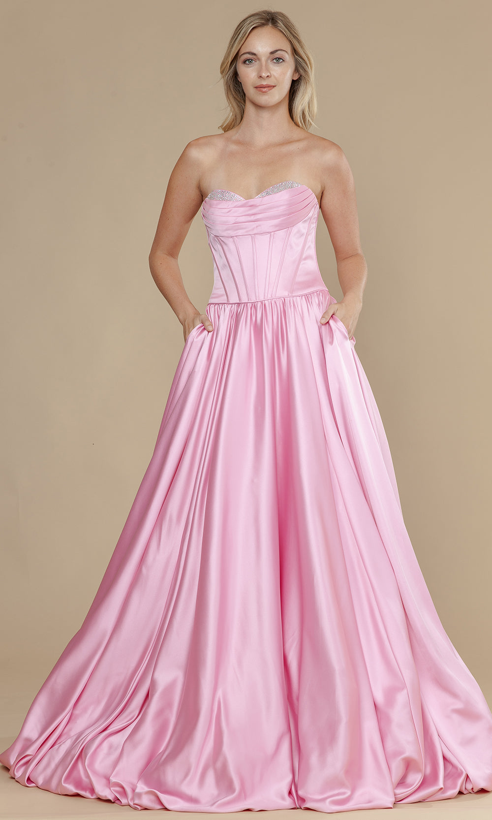 Pink Sweetheart Floor-Length Satin Prom Gown with Corset Back and Pockets Poly USA 25136