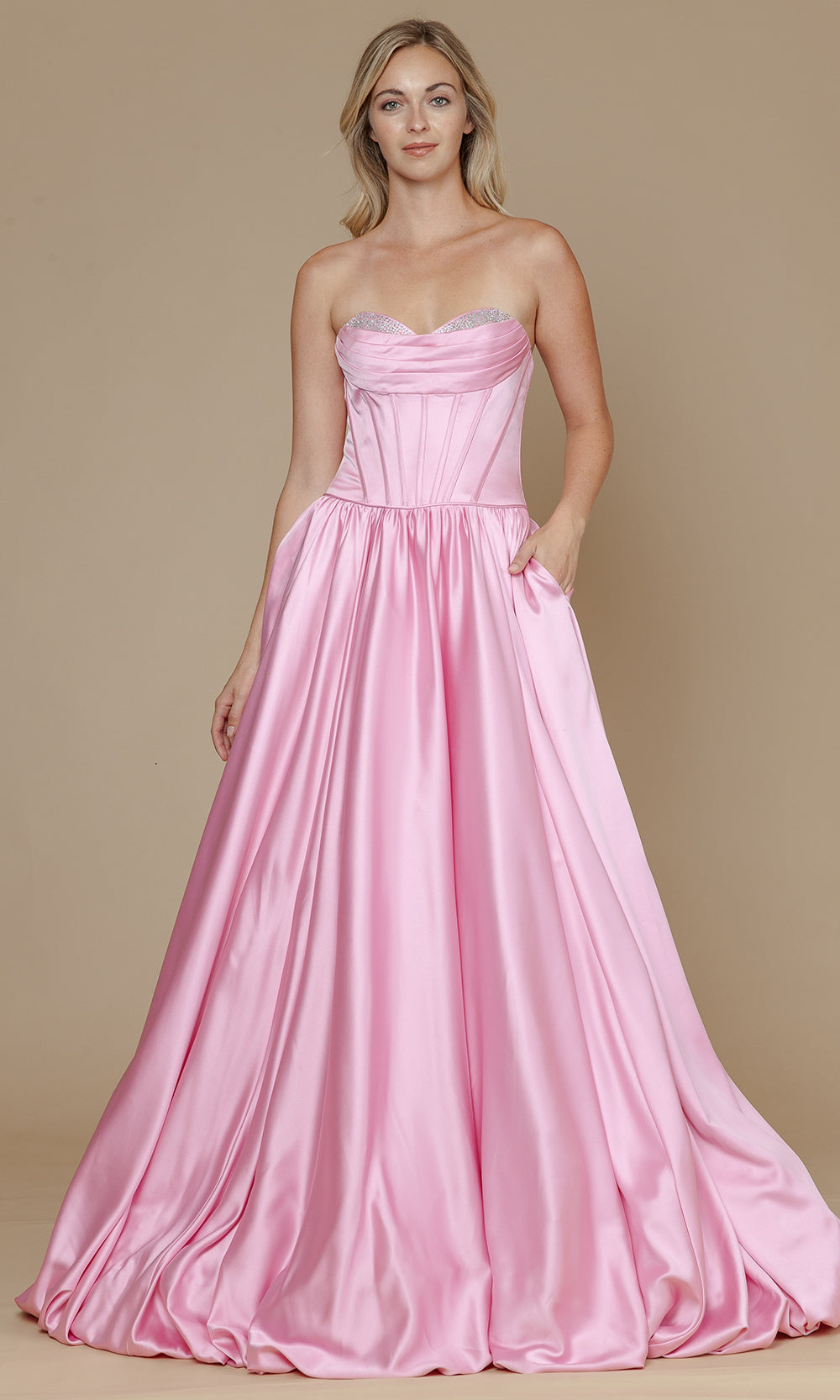 Pink Sweetheart Floor-Length Satin Prom Gown with Corset Back and Pockets Poly USA 25136