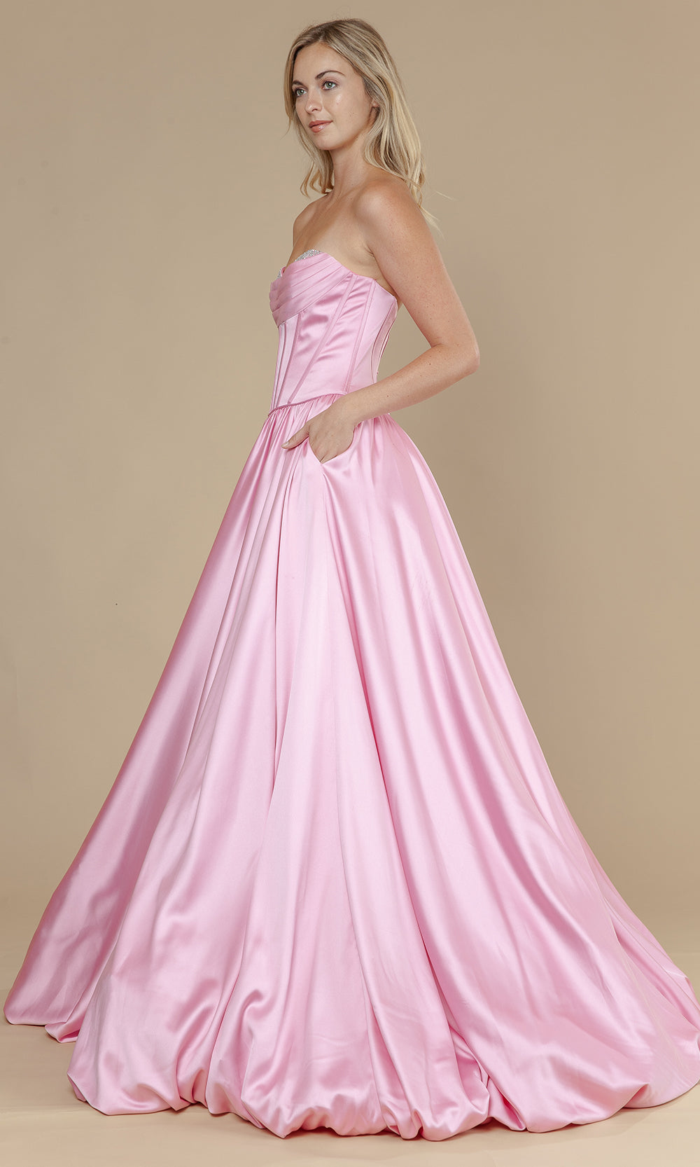 Pink Sweetheart Floor-Length Satin Prom Gown with Corset Back and Pockets Poly USA 25136