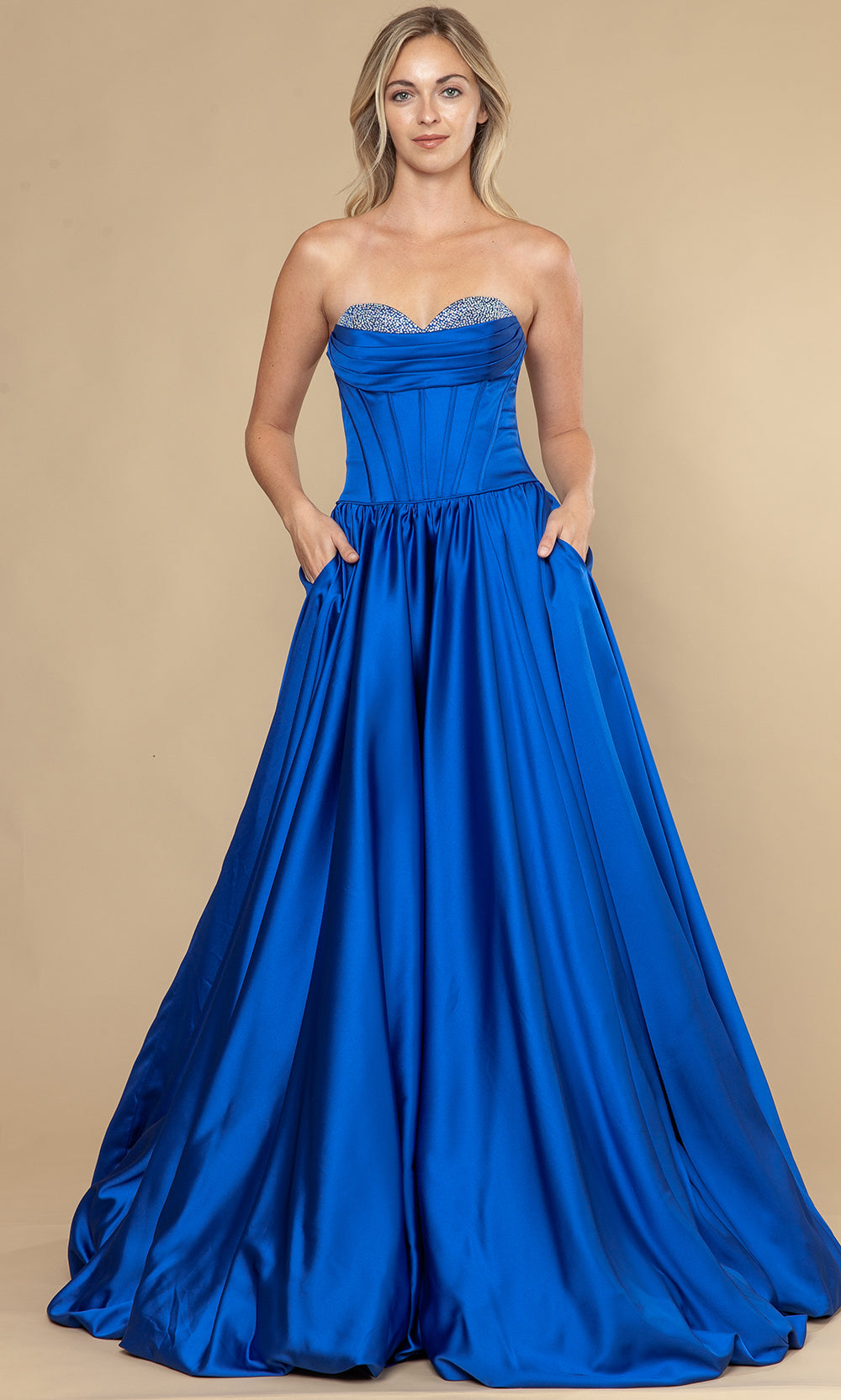 Royal Sweetheart Floor-Length Satin Prom Gown with Corset Back and Pockets Poly USA 25136