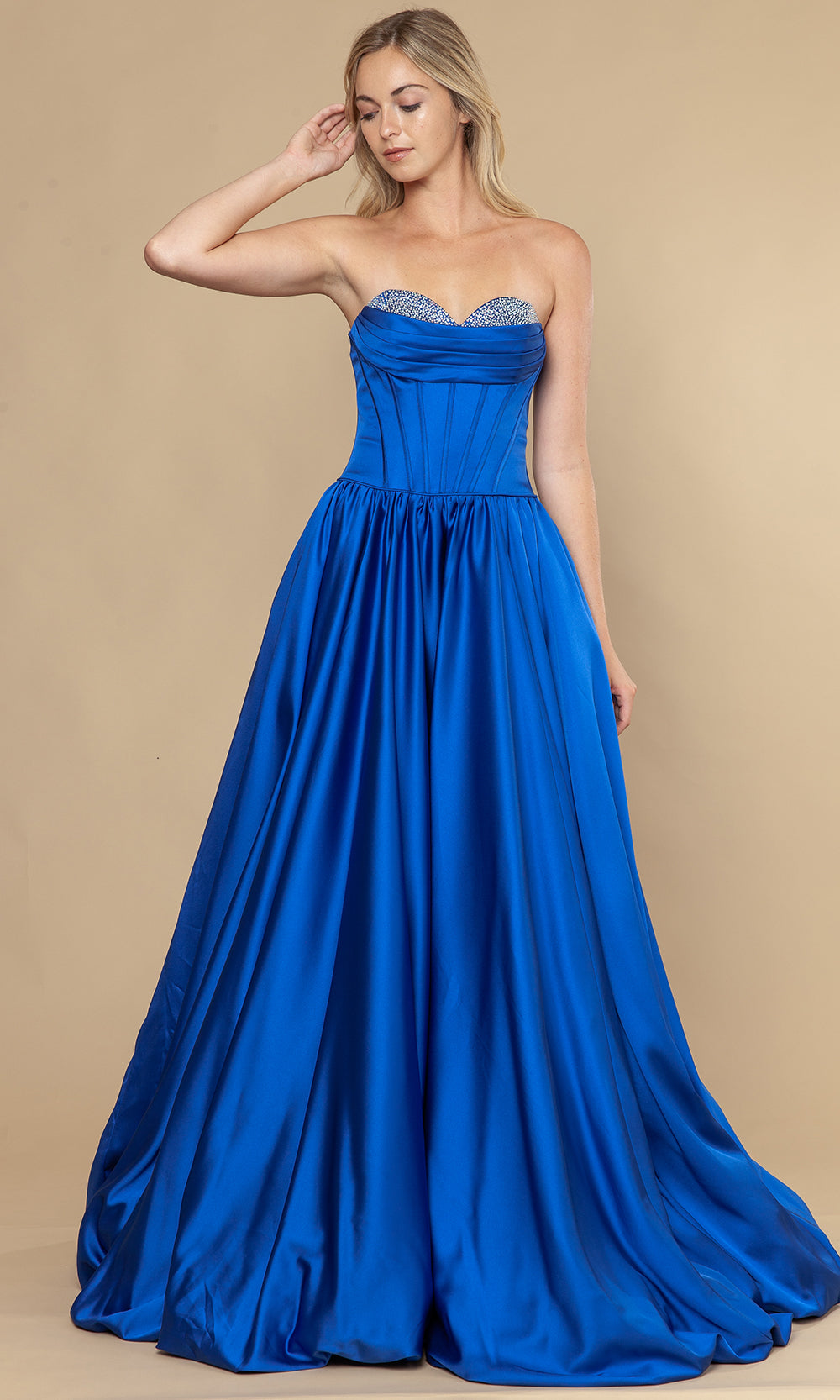 Royal Sweetheart Floor-Length Satin Prom Gown with Corset Back and Pockets Poly USA 25136