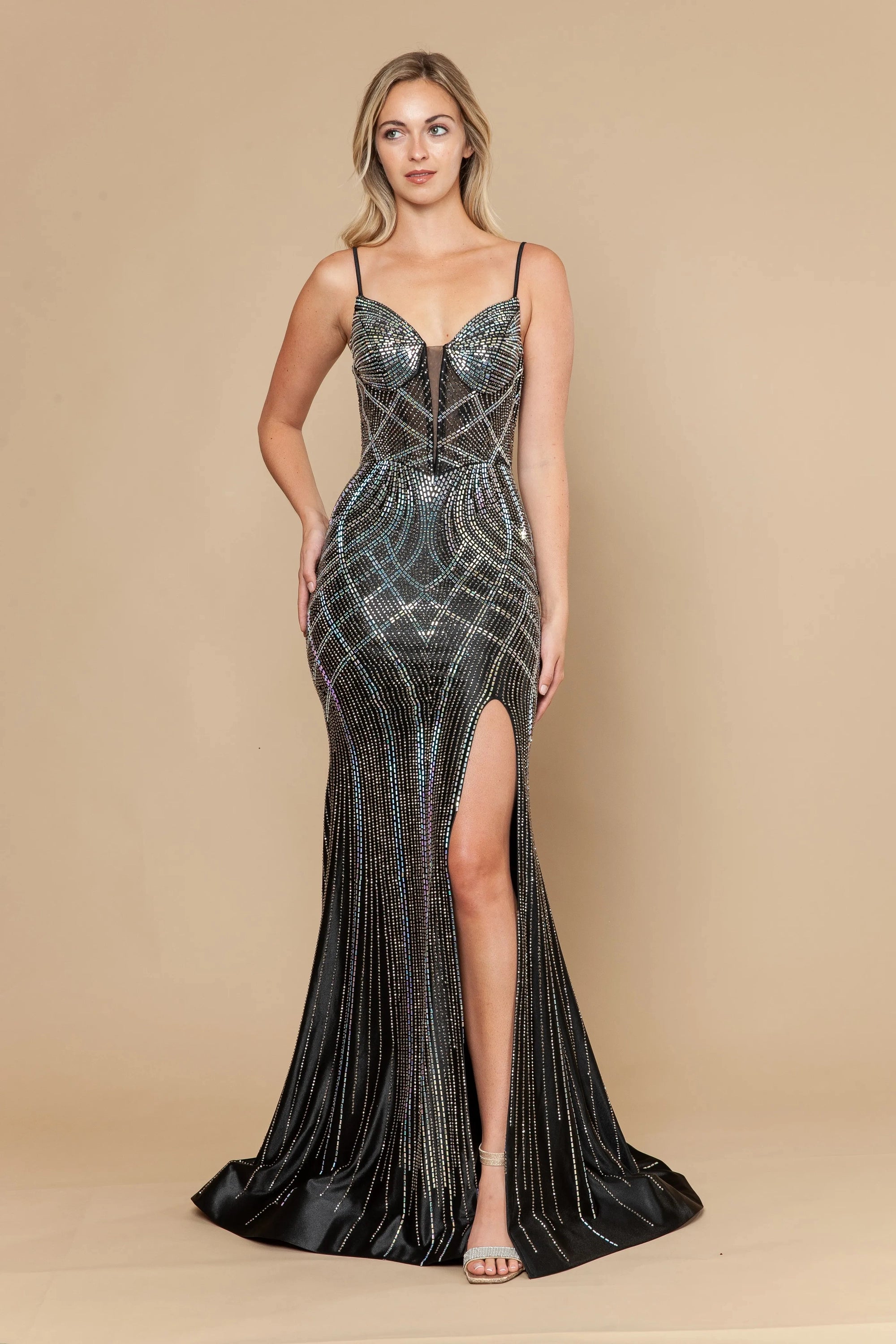 Black V-Neck Floor-Length Sequin Prom Mermaid Gown with Geometric Pattern Poly USA 25142