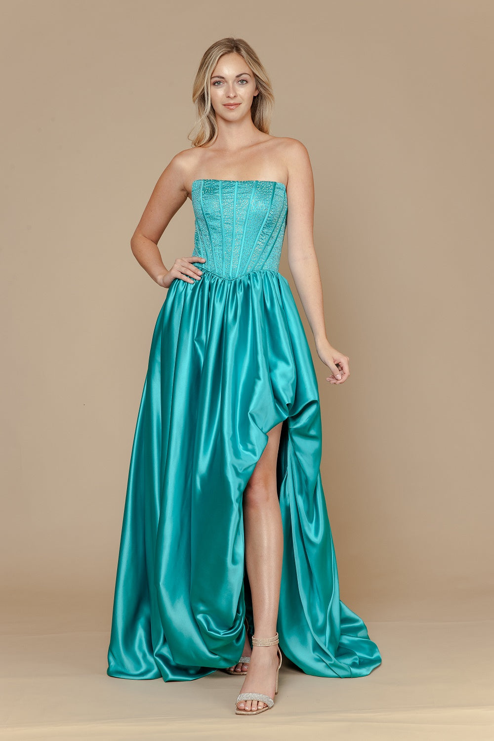 Strapless Straight Neck Floor-Length Satin Prom A-Line Poly USA 25156