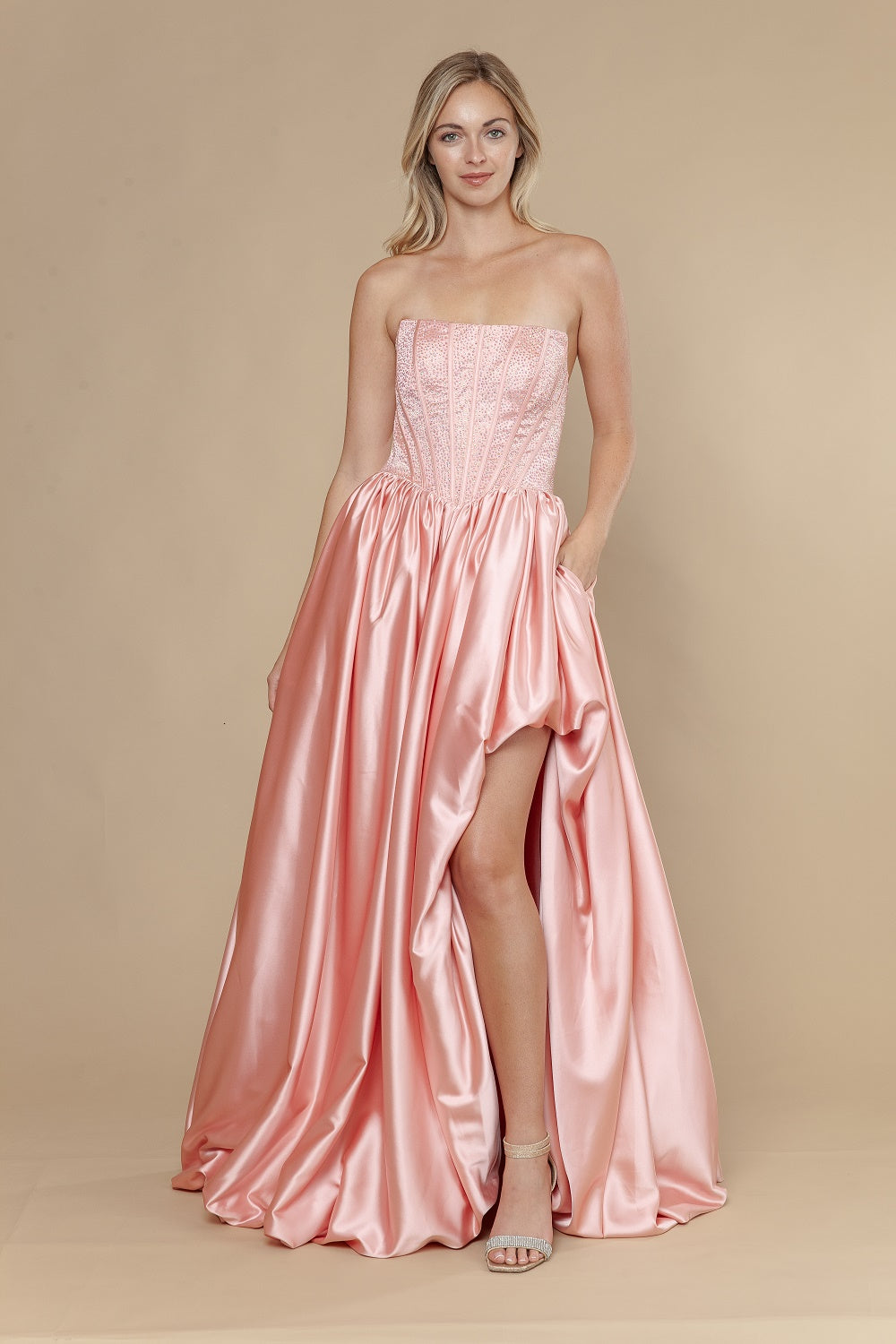 Strapless Straight Neck Floor-Length Satin Prom A-Line Poly USA 25156