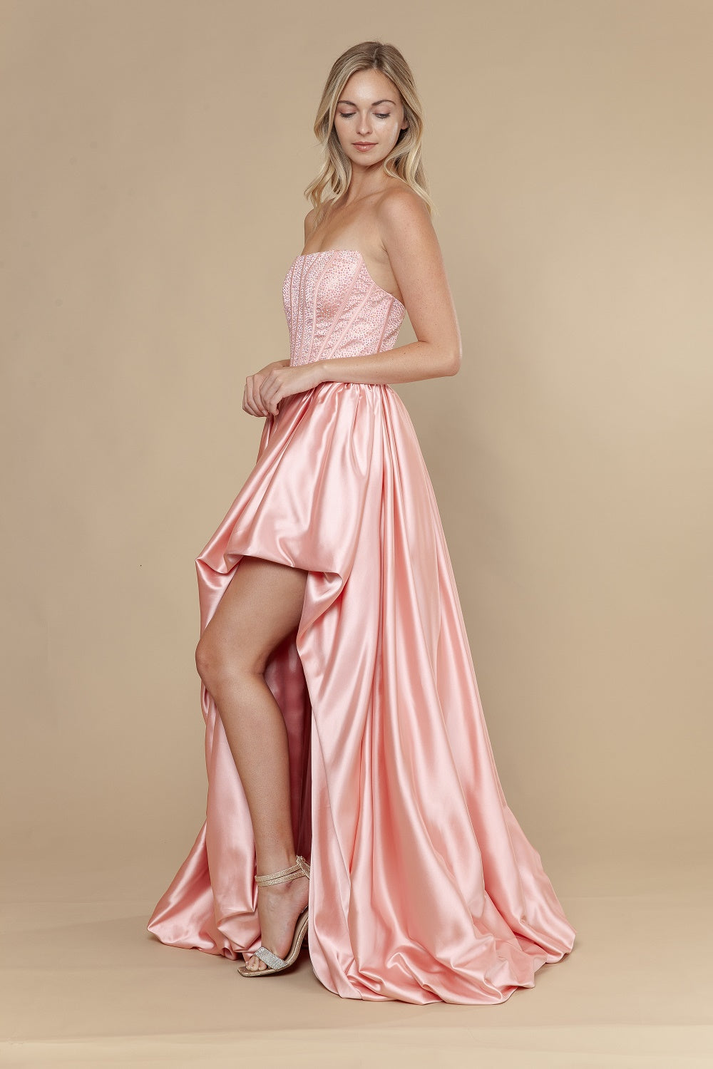 Strapless Straight Neck Floor-Length Satin Prom A-Line Poly USA 25156