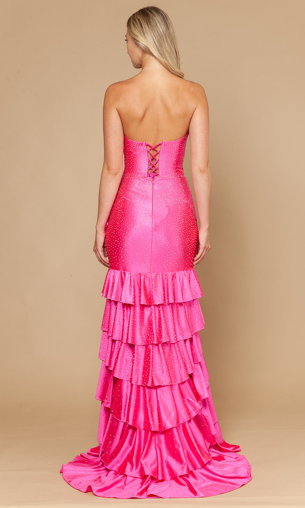 Hot Pink Sweetheart Floor-Length Span Satin Trumpet Gown with Tiered Ruffles and Cutouts Poly USA 25158