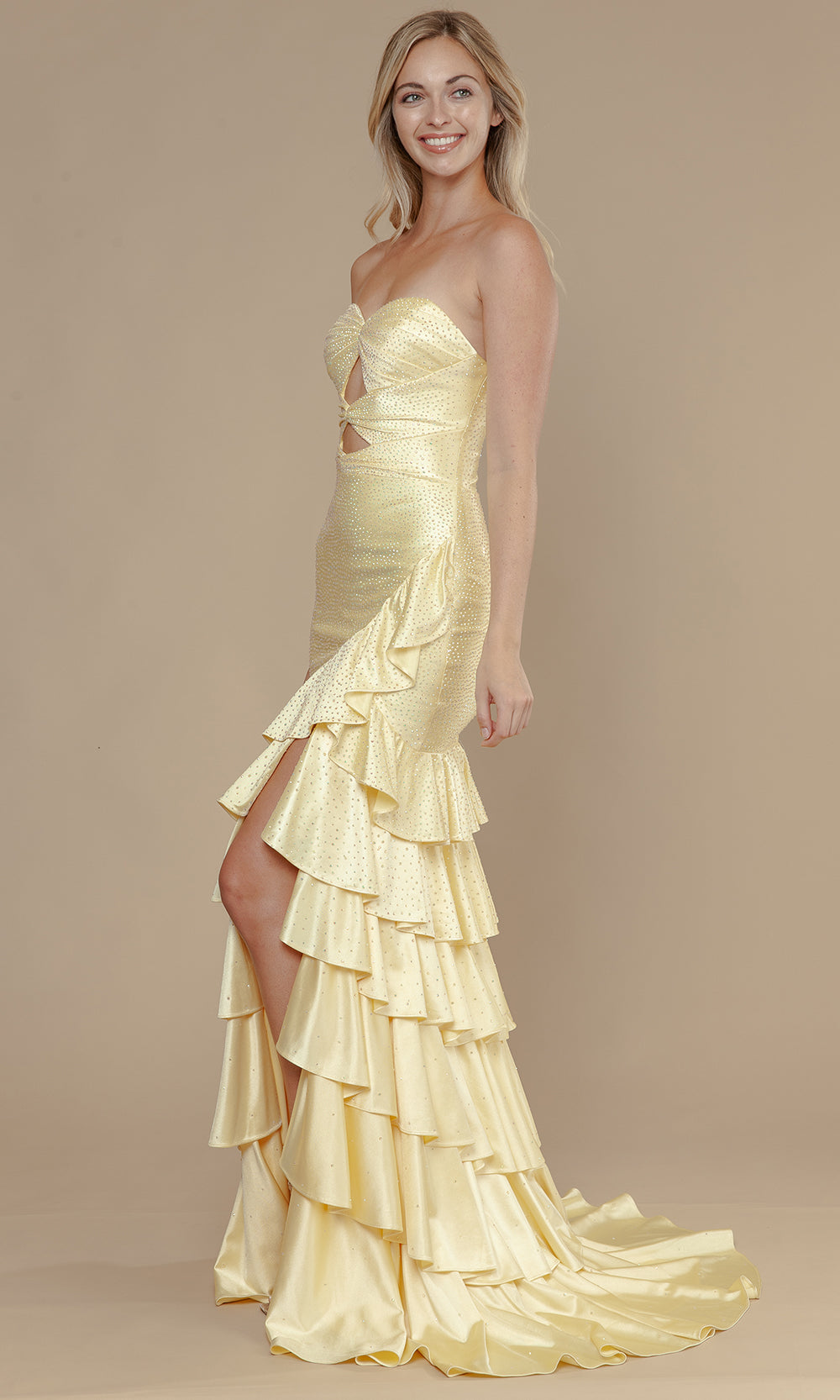 Yellow Sweetheart Floor-Length Span Satin Trumpet Gown with Tiered Ruffles and Cutouts Poly USA 25158