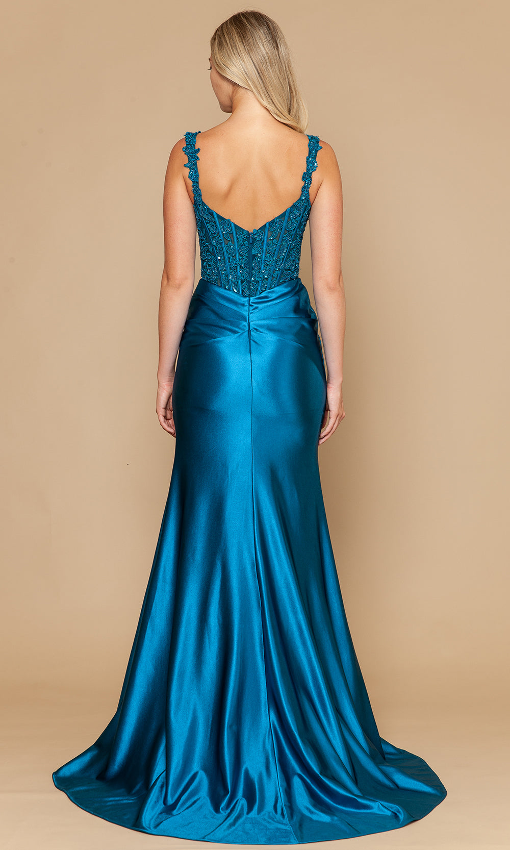 Teal Sweetheart Floor-Length Satin Lace Gown with Side Slit Poly USA 25160