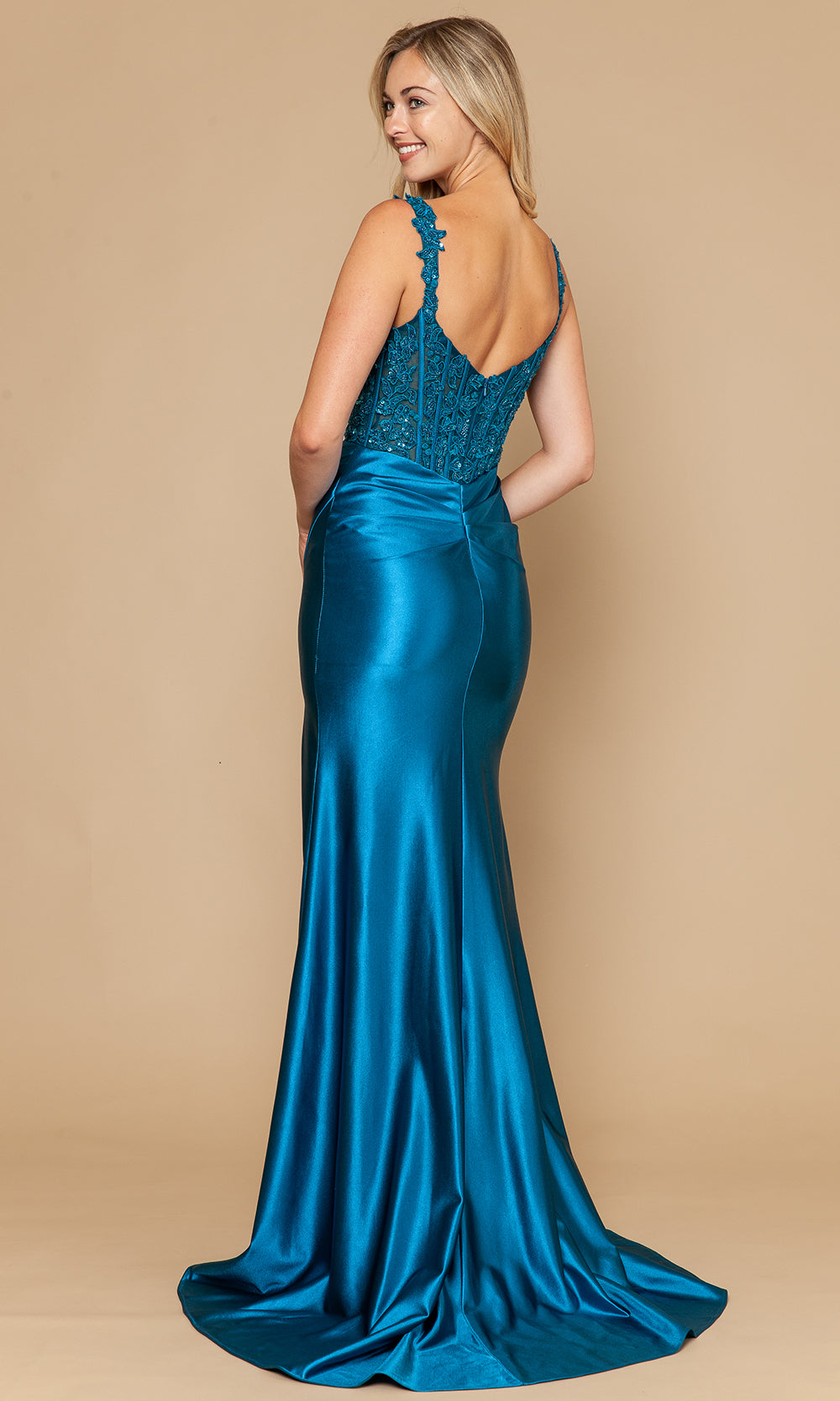Teal Sweetheart Floor-Length Satin Lace Gown with Side Slit Poly USA 25160