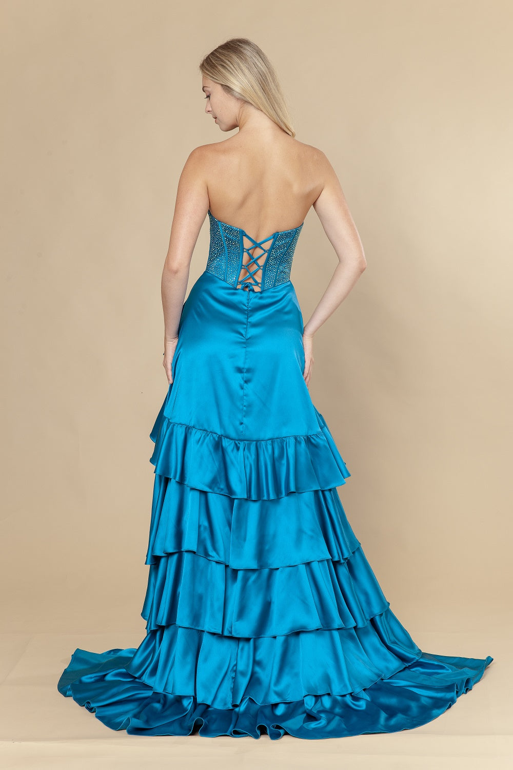Strapless Straight Neck Floor-Length with Train Satin Prom A-Line Poly USA 25162