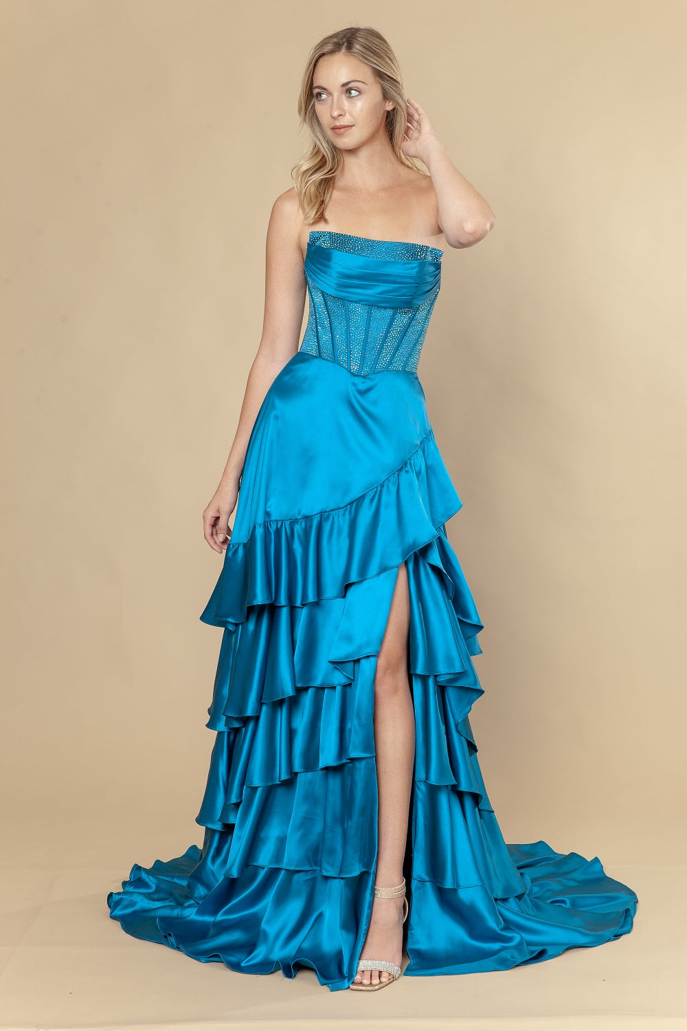 Strapless Straight Neck Floor-Length with Train Satin Prom A-Line Poly USA 25162