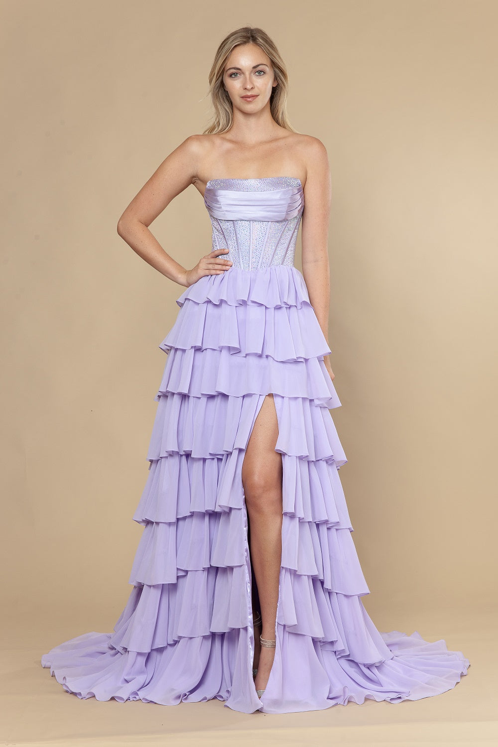 Strapless Straight Neck Floor-Length with Train Chiffon Prom A-Line Poly USA 25168